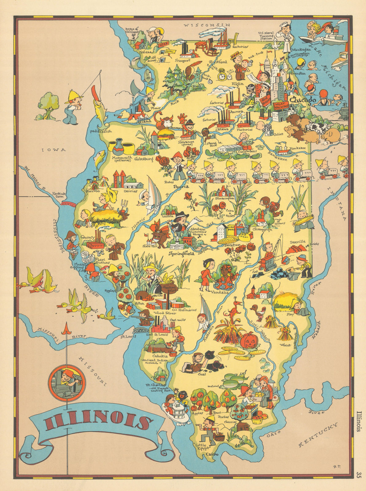 Illinois. Pictorial state map by Ruth Taylor White 1935 old vintage chart