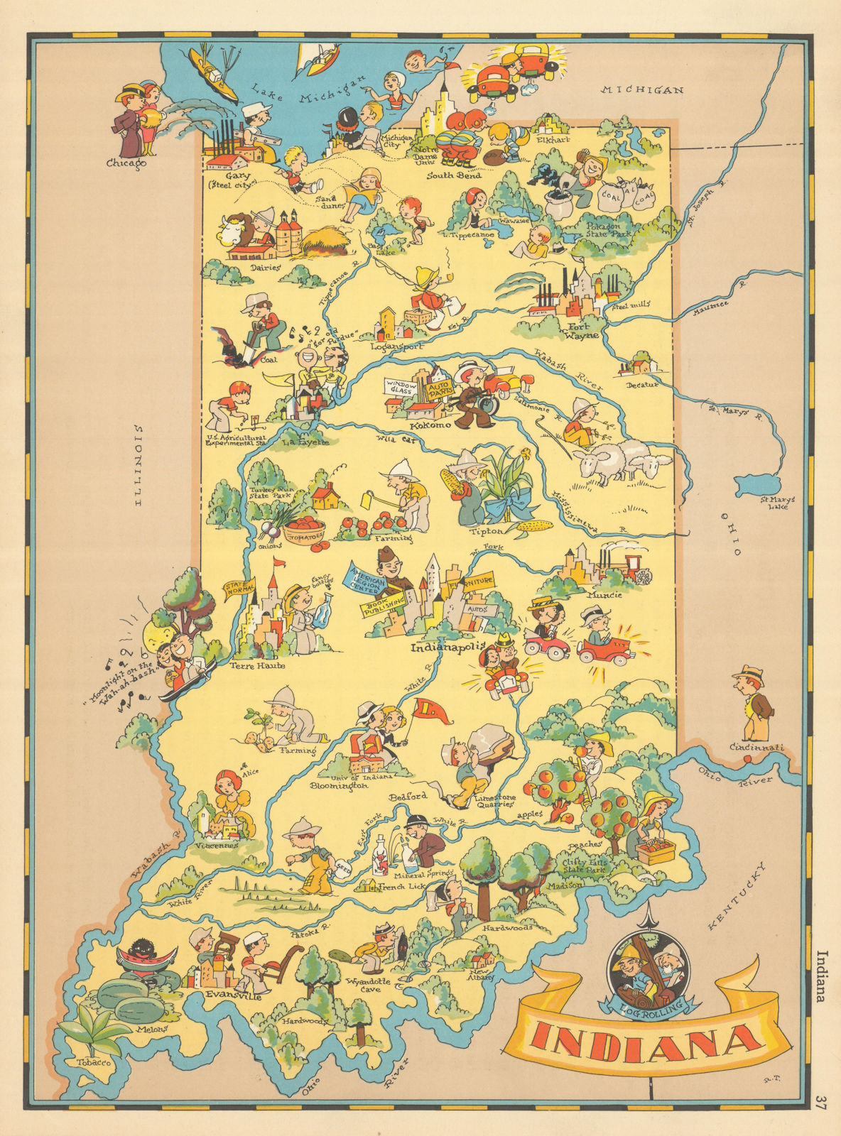 Indiana. Pictorial state map by Ruth Taylor White 1935 old vintage chart