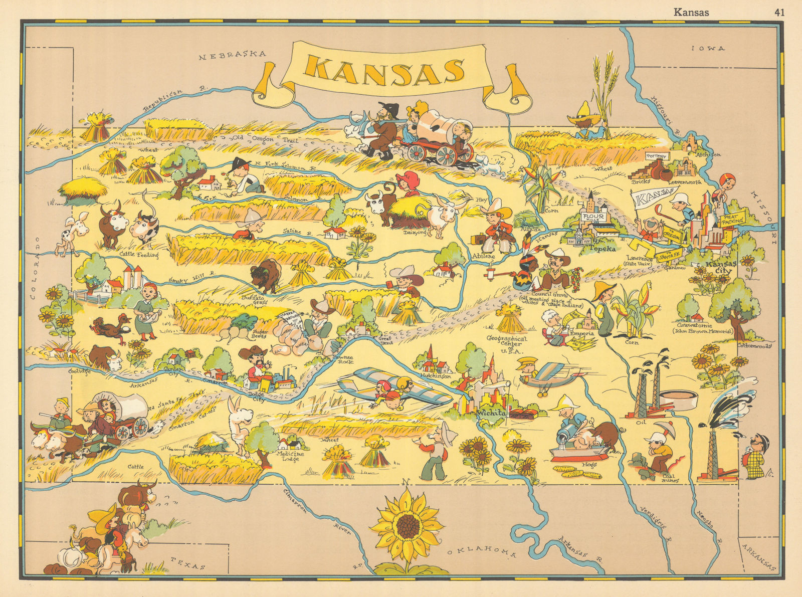 Kansas. Pictorial state map by Ruth Taylor White 1935 old vintage chart