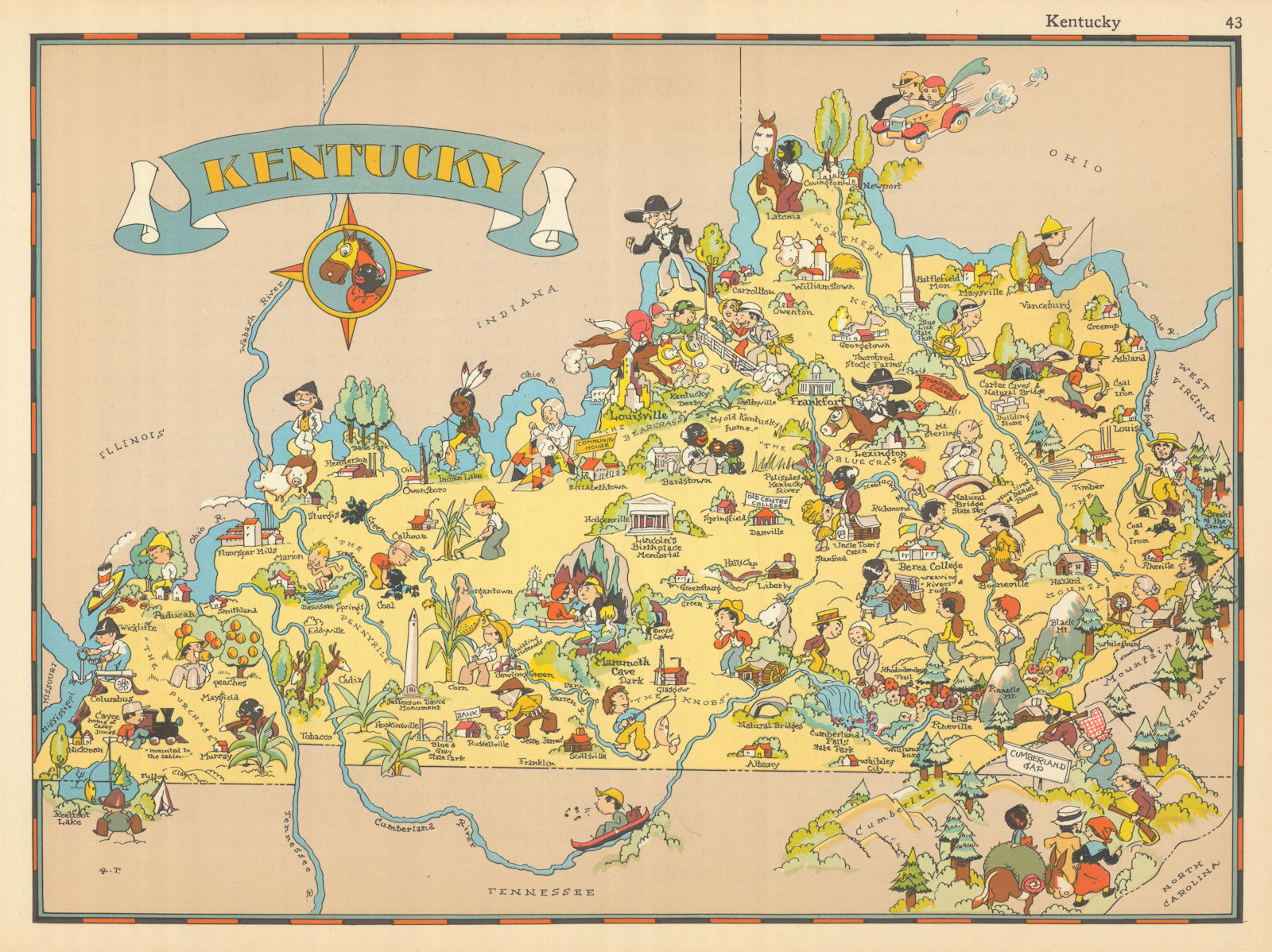 Kentucky. Pictorial state map by Ruth Taylor White 1935 old vintage chart