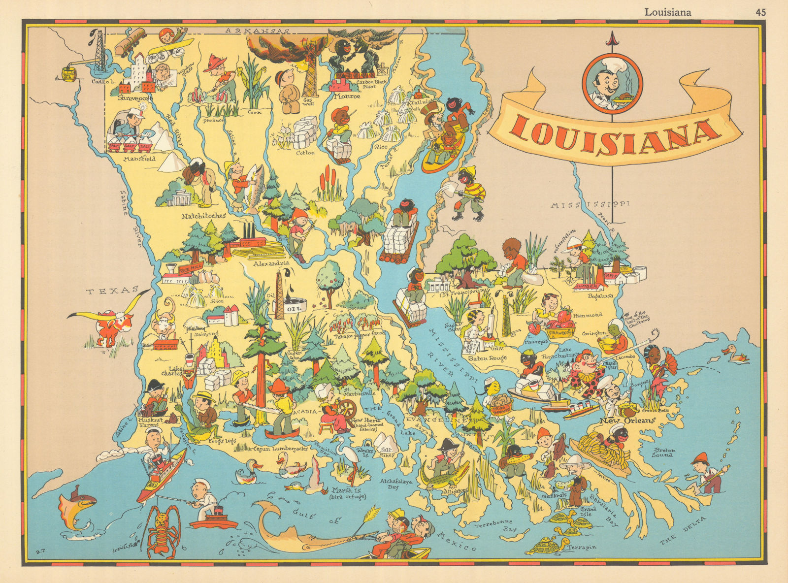 Louisiana. Pictorial state map by Ruth Taylor White 1935 old vintage chart