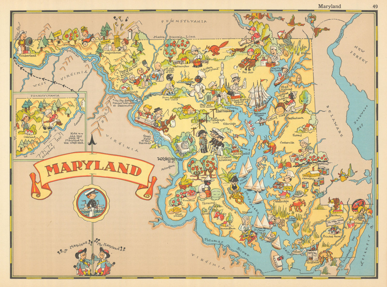 Maryland. Pictorial state map by Ruth Taylor White 1935 old vintage chart