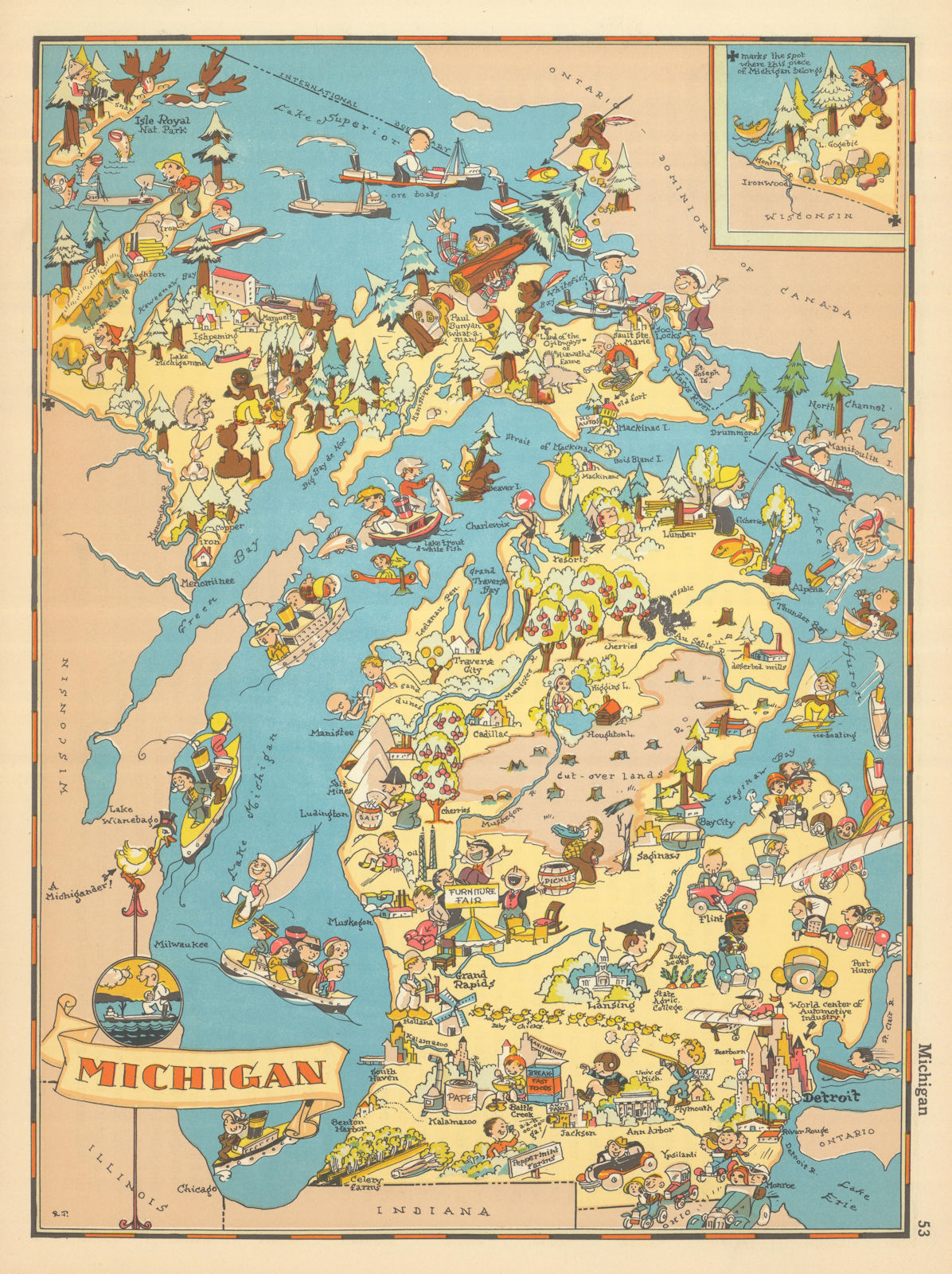 Michigan. Pictorial state map by Ruth Taylor White 1935 old vintage chart