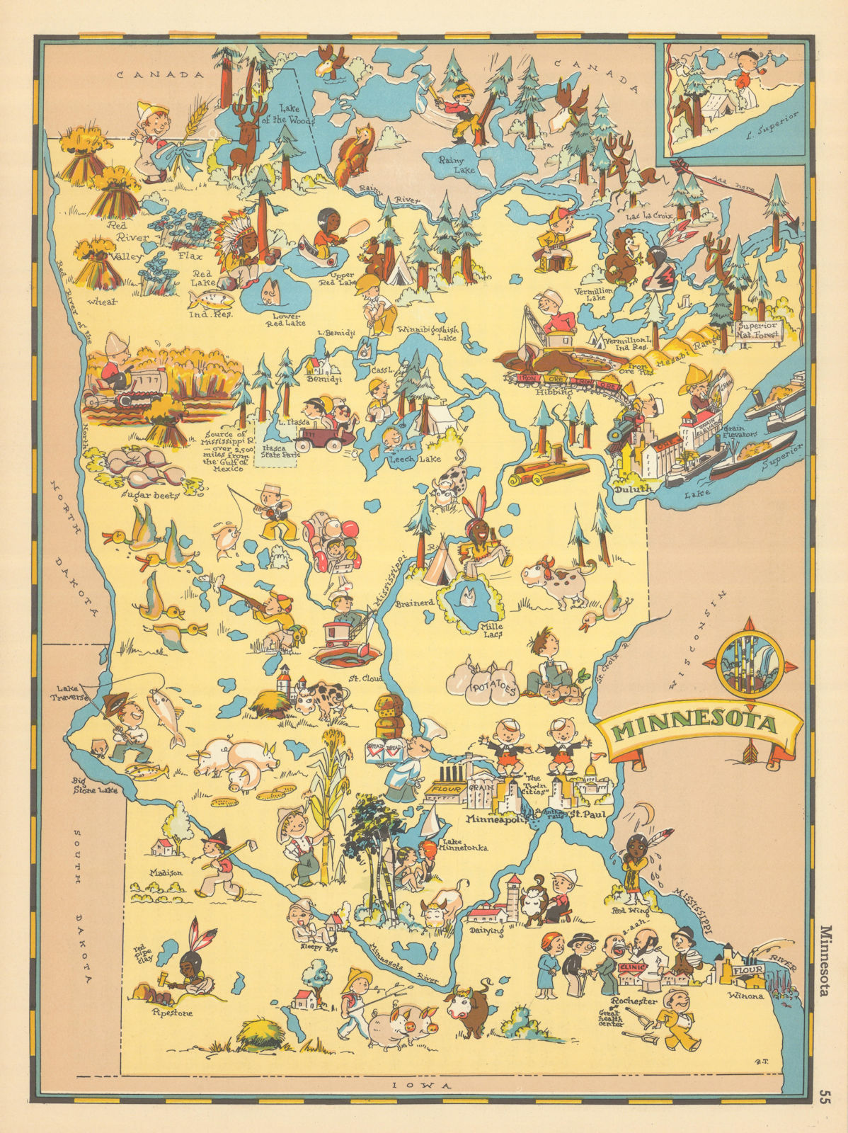 Minnesota. Pictorial state map by Ruth Taylor White 1935 old vintage chart