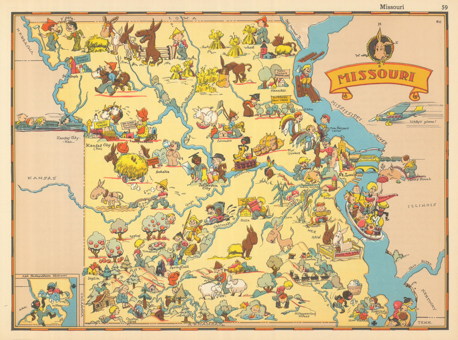 Missouri. Pictorial state map by Ruth Taylor White 1935 old vintage chart