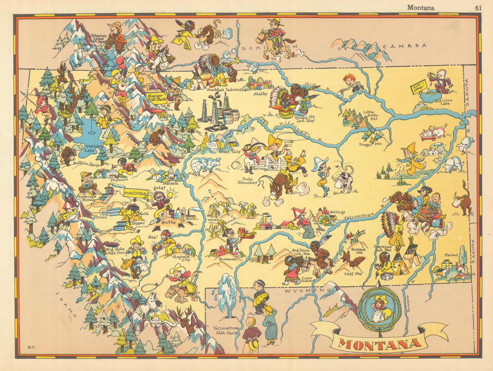 Montana. Pictorial state map by Ruth Taylor White 1935 old vintage chart