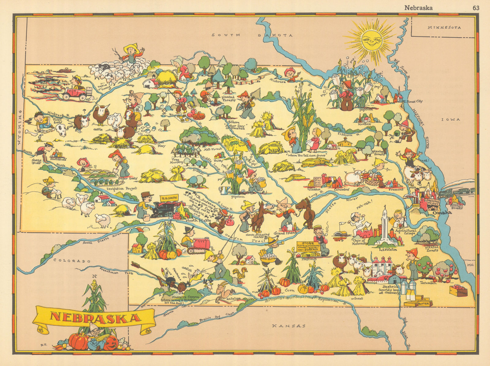 Nebraska. Pictorial state map by Ruth Taylor White 1935 old vintage chart