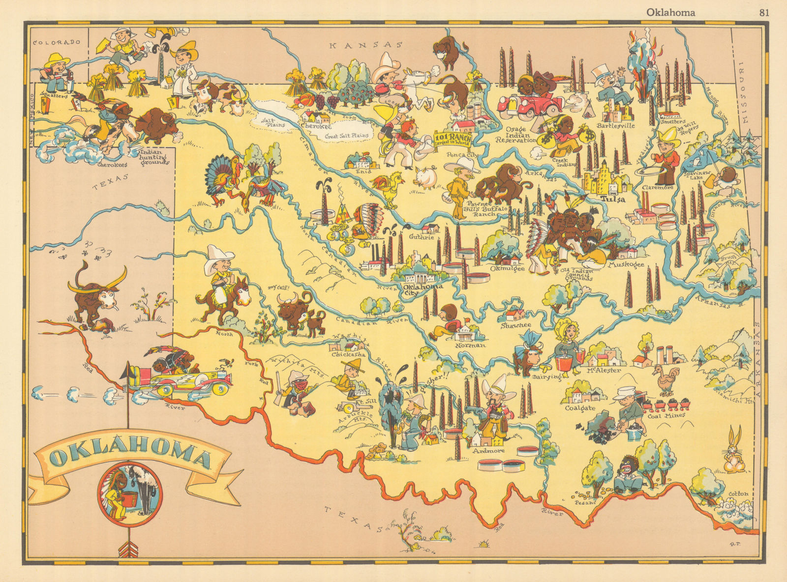 Oklahoma. Pictorial state map by Ruth Taylor White 1935 old vintage chart