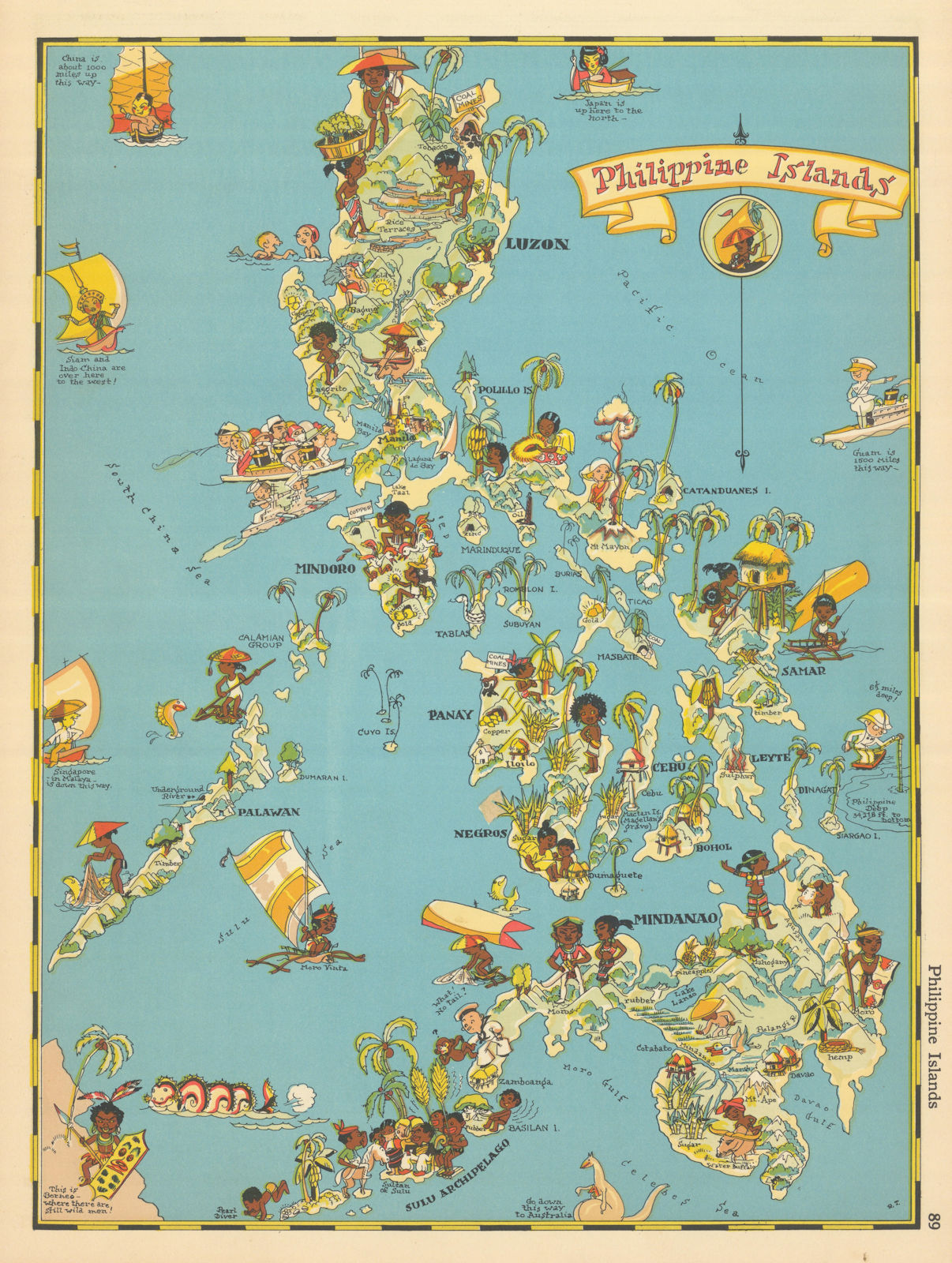Philippine Islands. Pictorial map by Ruth Taylor White 1935 old vintage