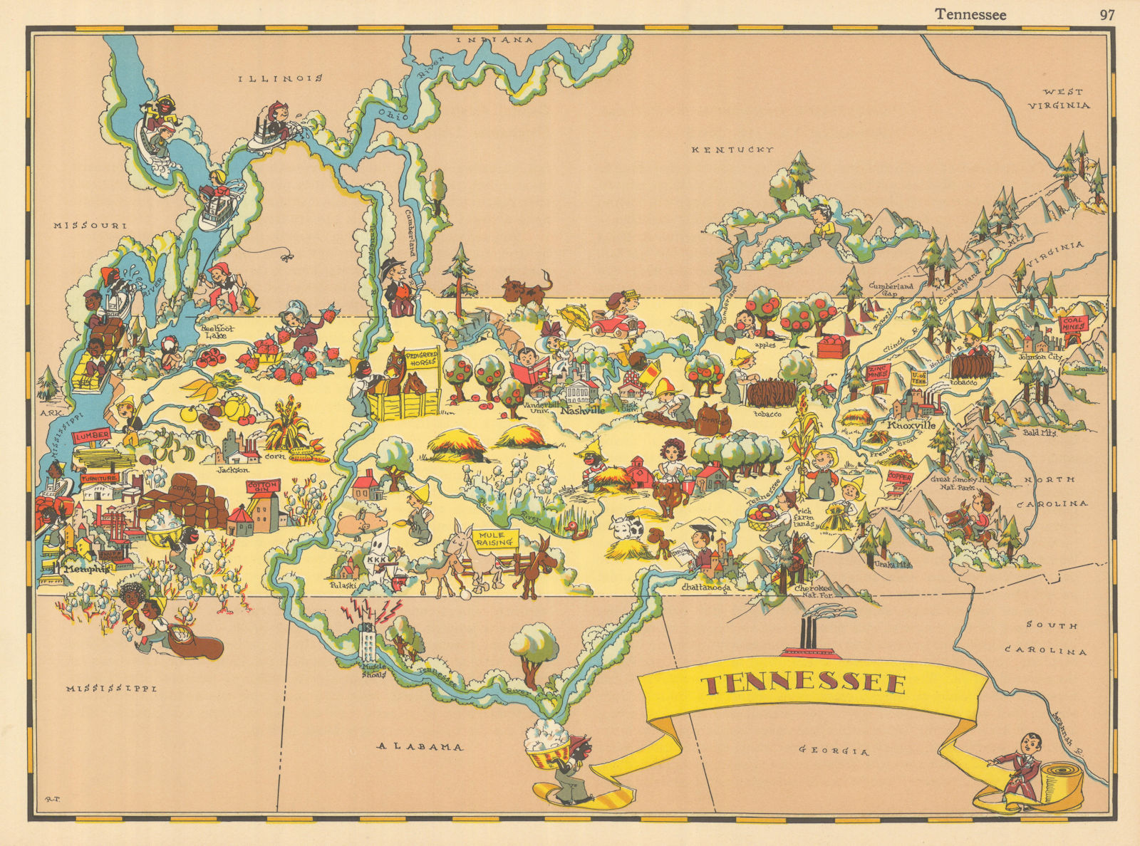 Associate Product Tennessee. Pictorial state map by Ruth Taylor White 1935 old vintage chart
