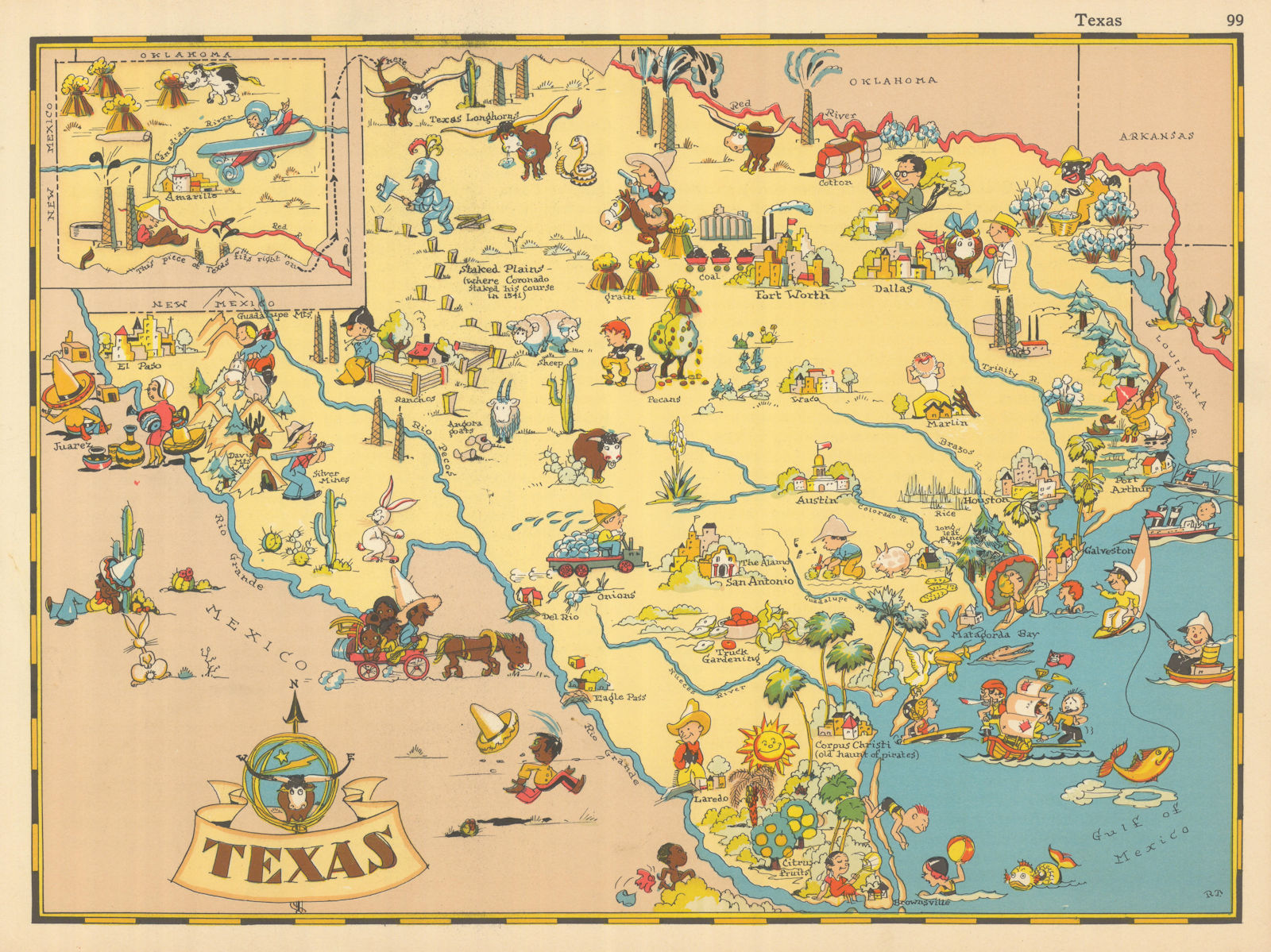 Texas. Pictorial state map by Ruth Taylor White 1935 old vintage chart