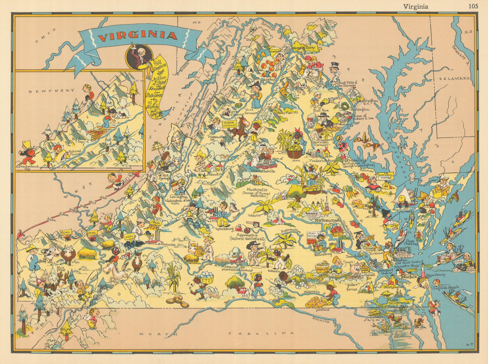 Virginia. Pictorial state map by Ruth Taylor White 1935 old vintage chart