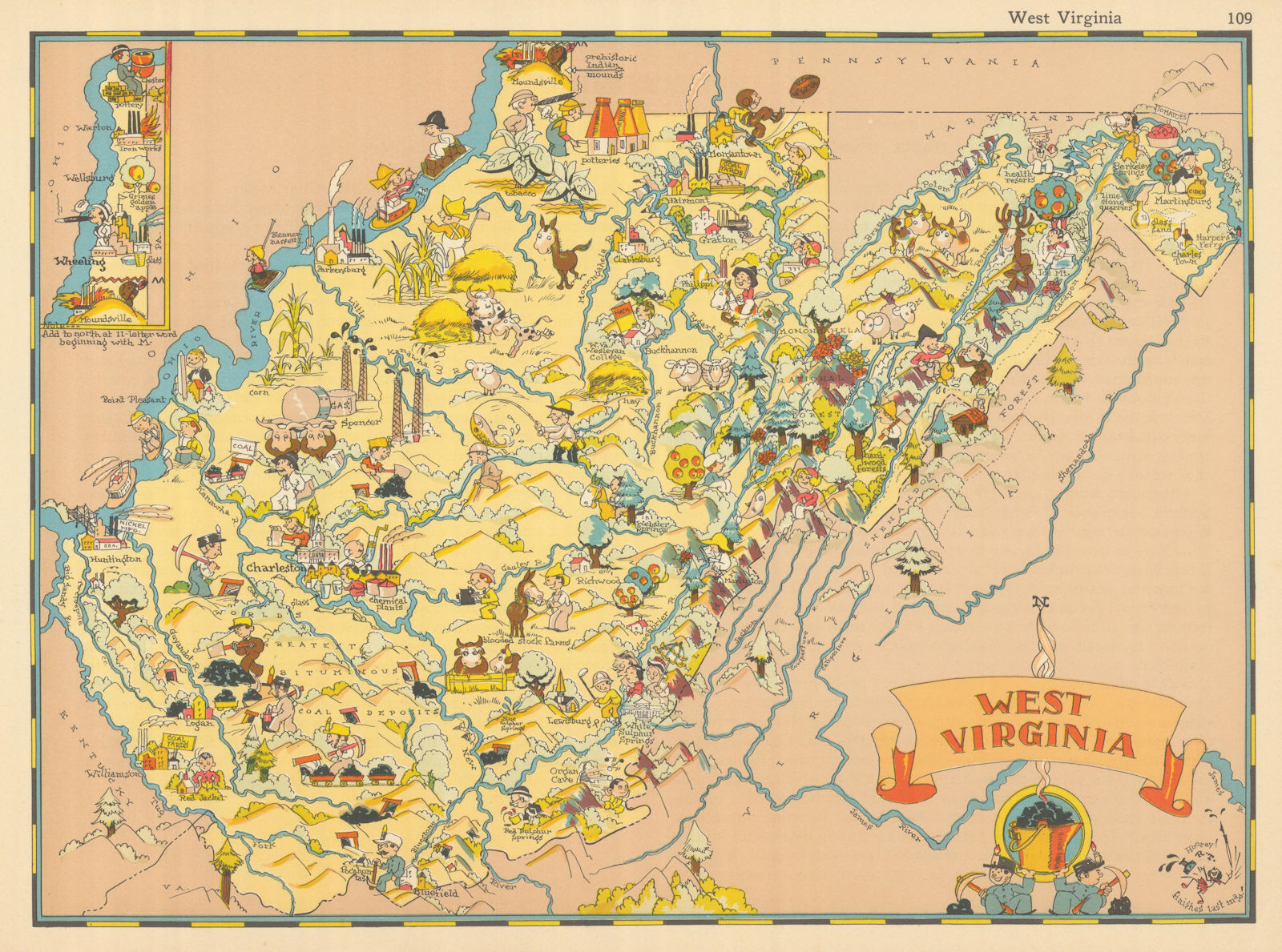 West Virginia. Pictorial state map by Ruth Taylor White 1935 old vintage