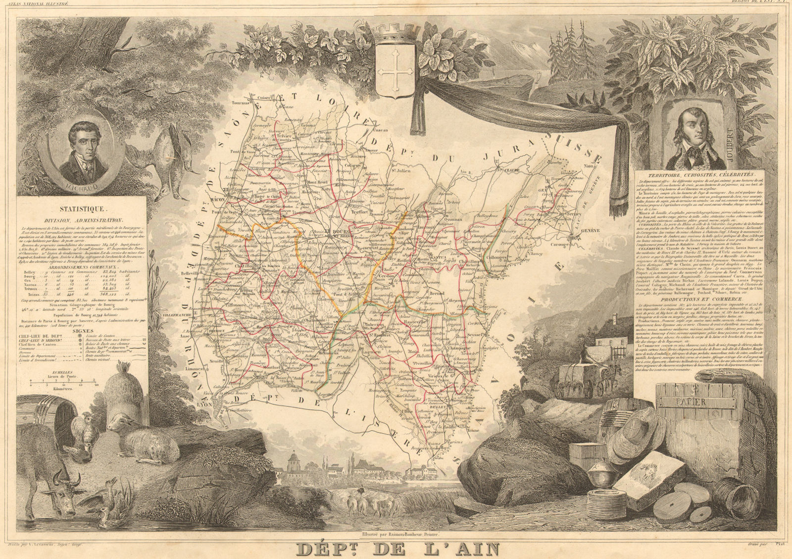 Associate Product Département de l'AIN. Decorative antique map/carte by Victor LEVASSEUR 1852