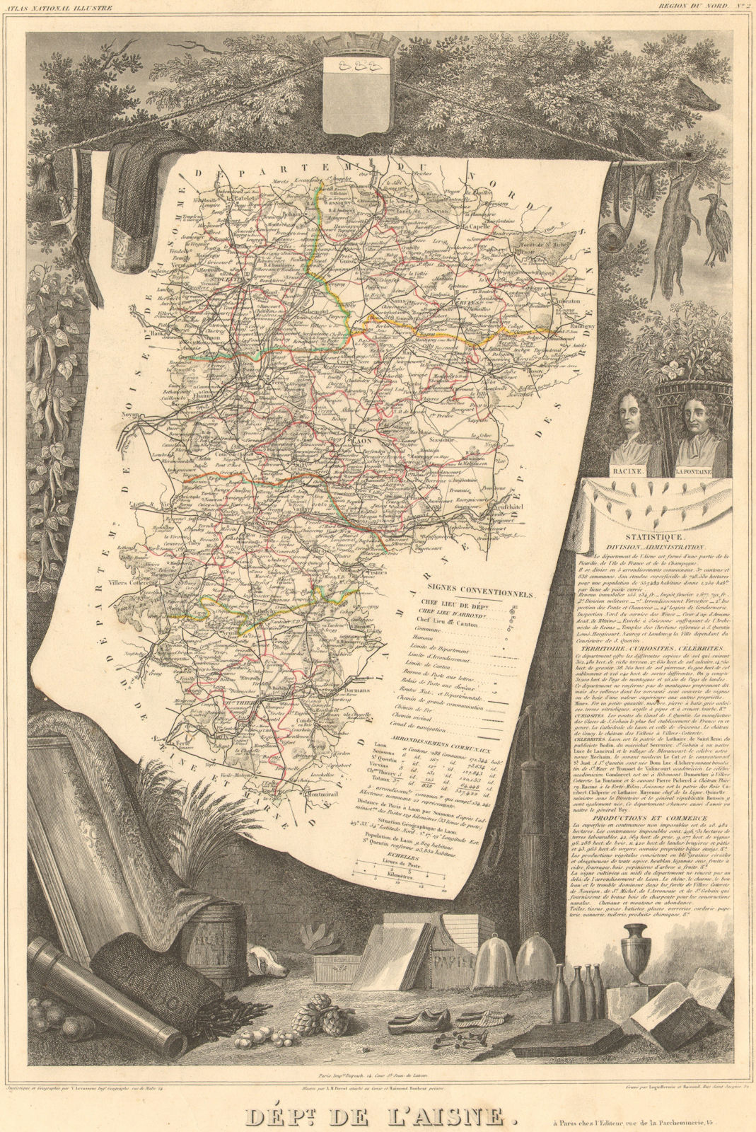 Département de l'AISNE. Decorative antique map/carte by Victor LEVASSEUR 1852