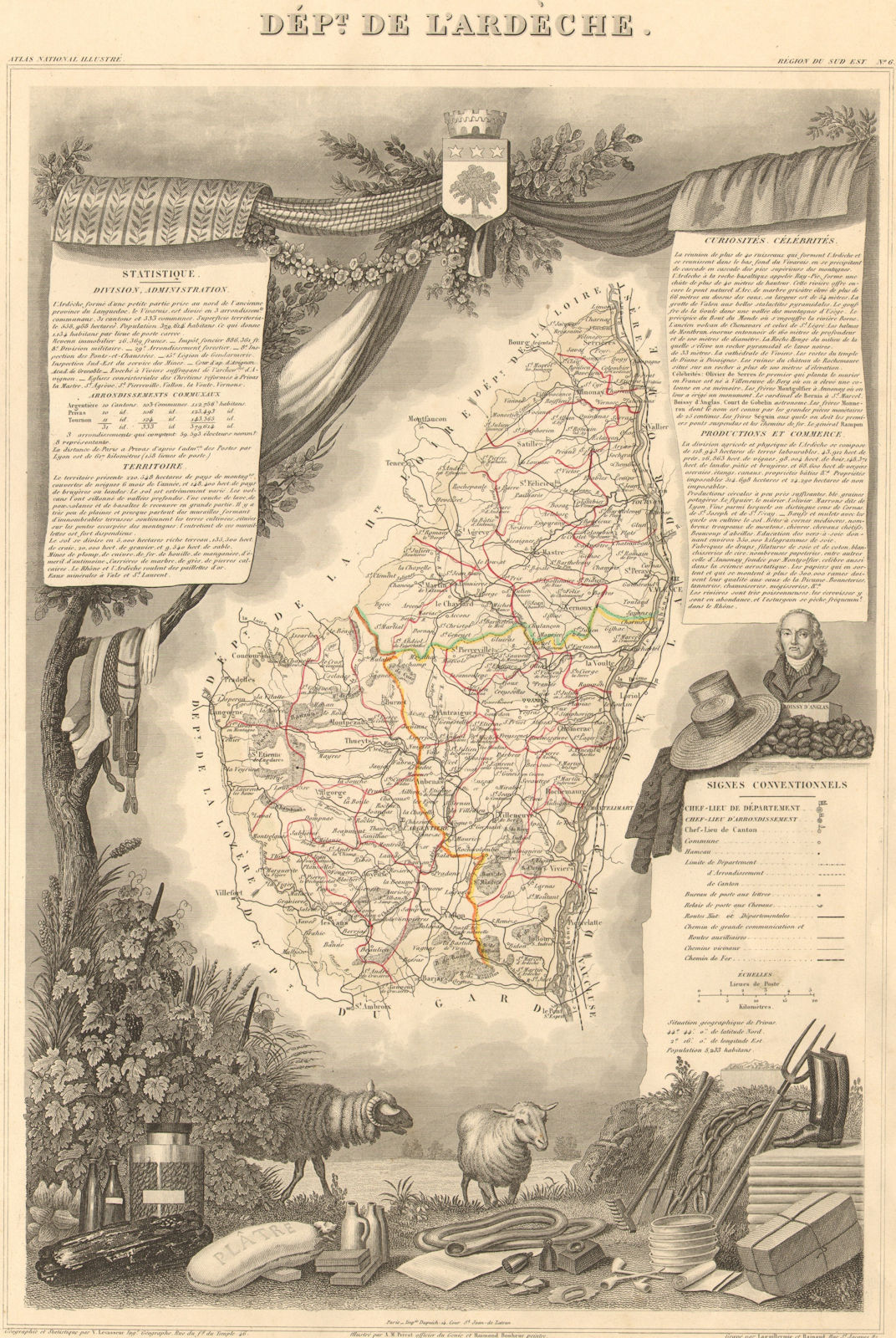 Département de l'ARDÈCHE. Decorative antique map/carte by Victor LEVASSEUR 1852