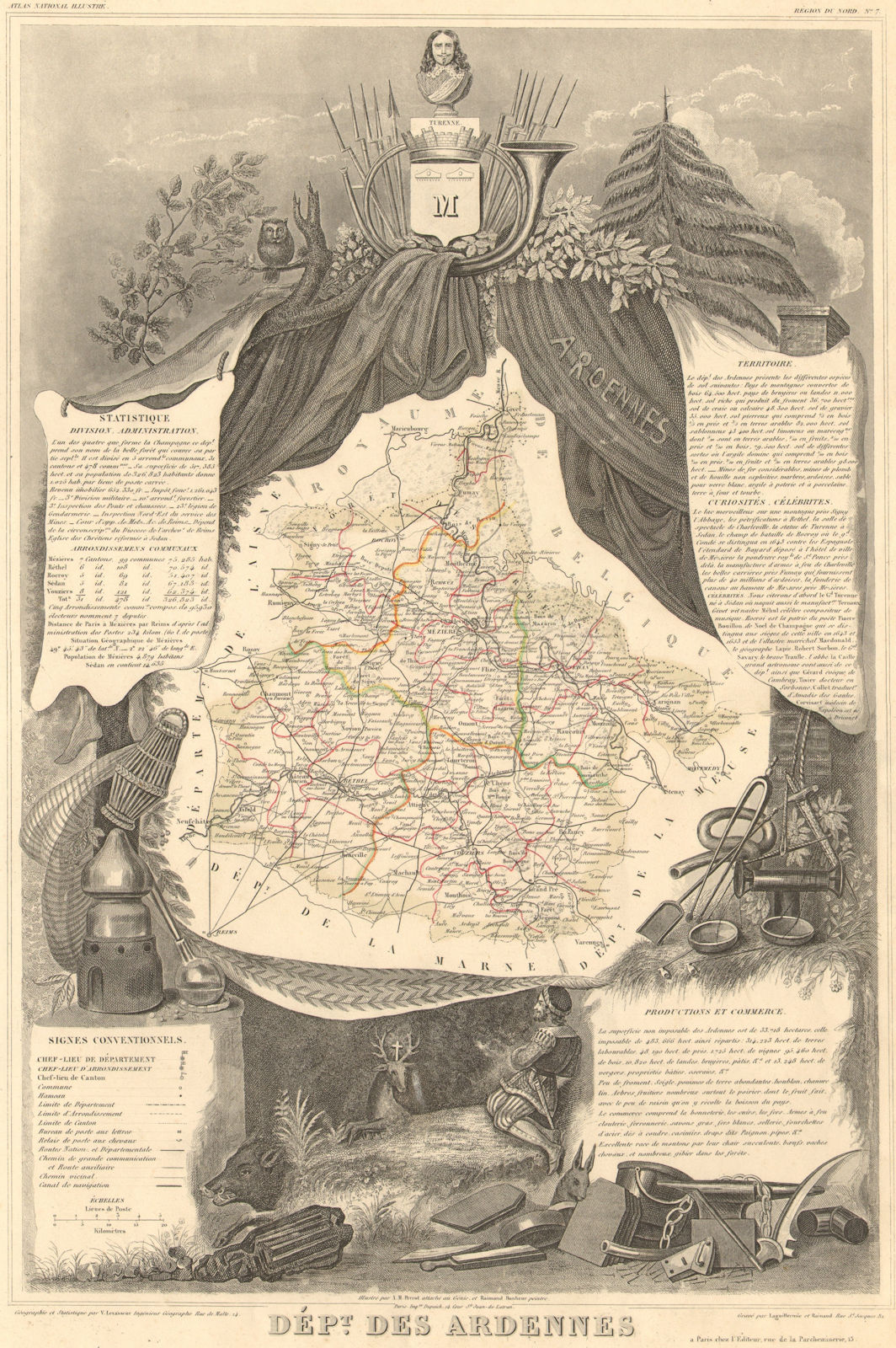 Département des ARDENNES. Decorative antique map/carte by Victor LEVASSEUR 1852