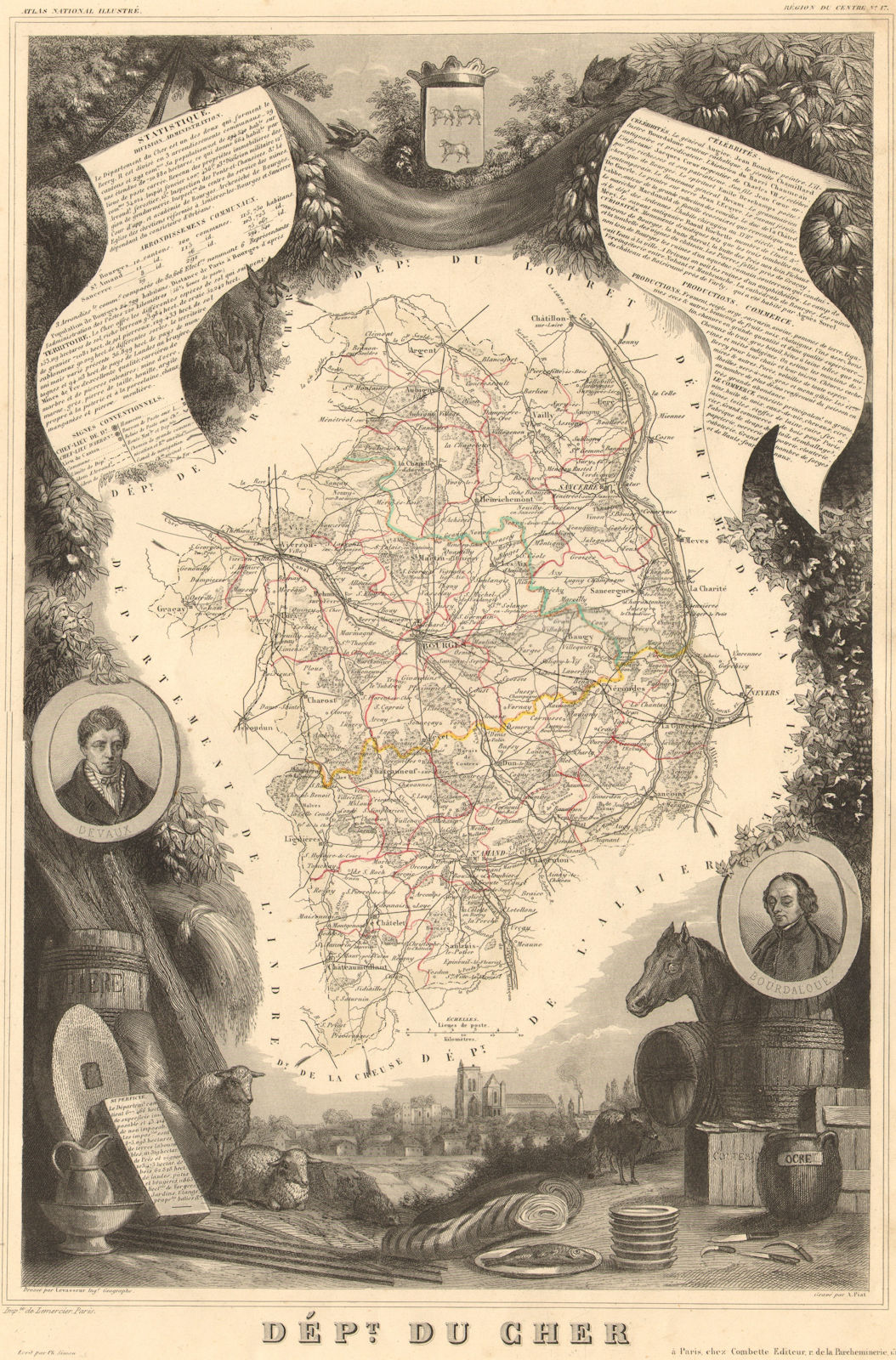 Associate Product Département du CHER. Decorative antique map/carte by Victor LEVASSEUR 1852