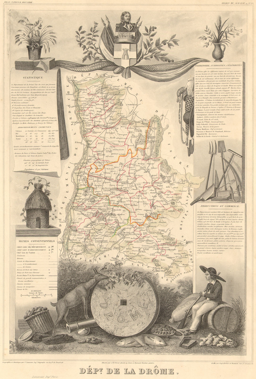 Département de la DRÔME. Decorative antique map/carte by Victor LEVASSEUR 1852