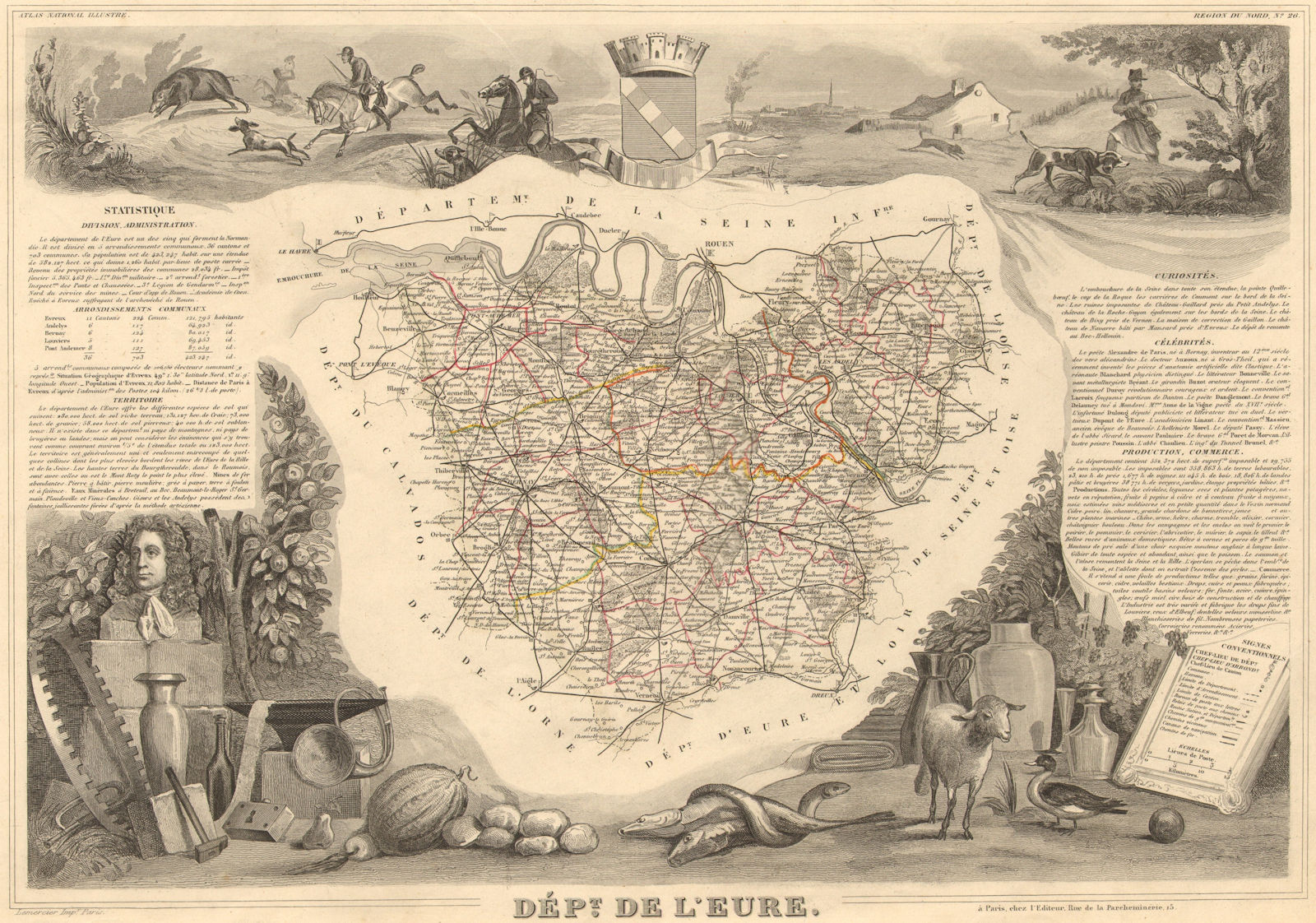 Département de l'EURE. Decorative antique map/carte by Victor LEVASSEUR 1852