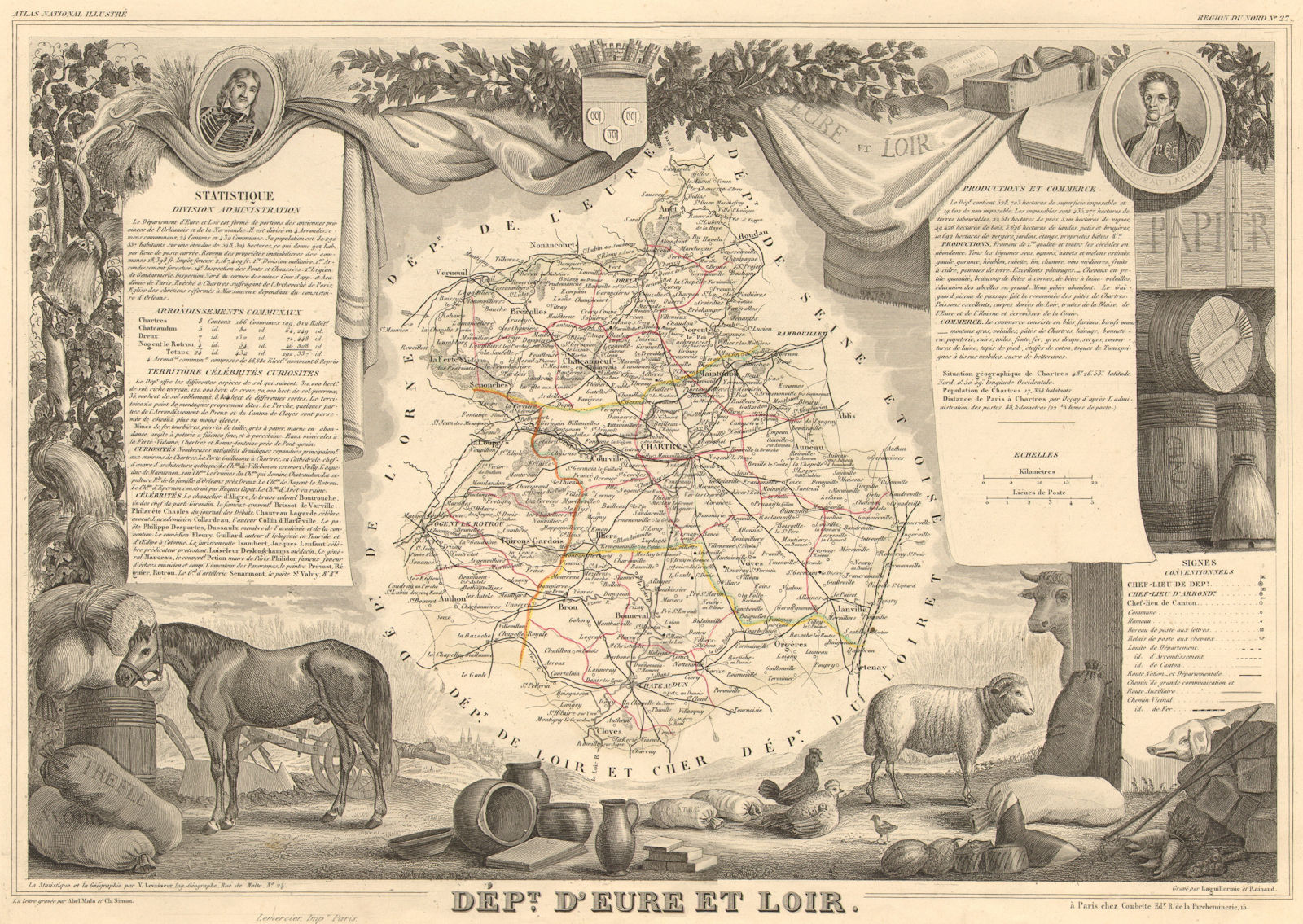 Département d'EURE-ET-LOIR. Decorative antique map/carte. LEVASSEUR 1852