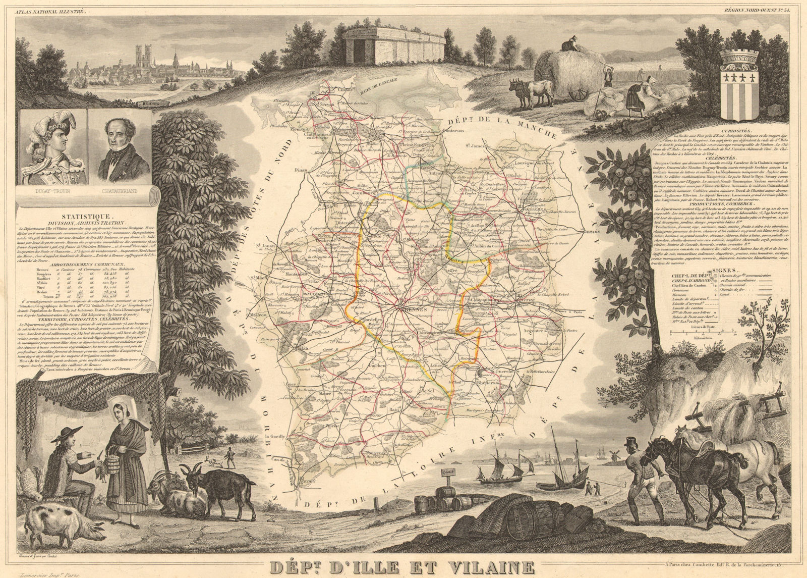 Département d'ILLE-ET-VILAINE. Decorative antique map/carte. LEVASSEUR 1852