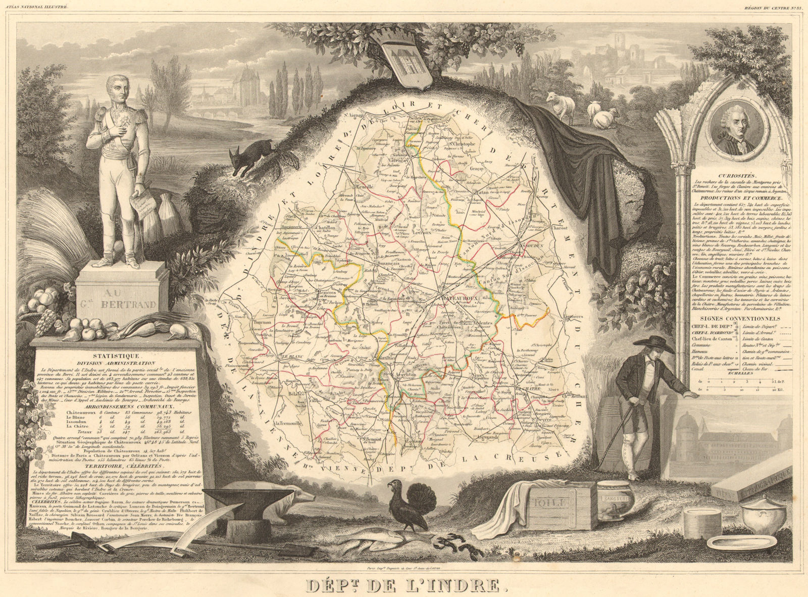 Département de l'INDRE. Decorative antique map/carte by Victor LEVASSEUR 1852