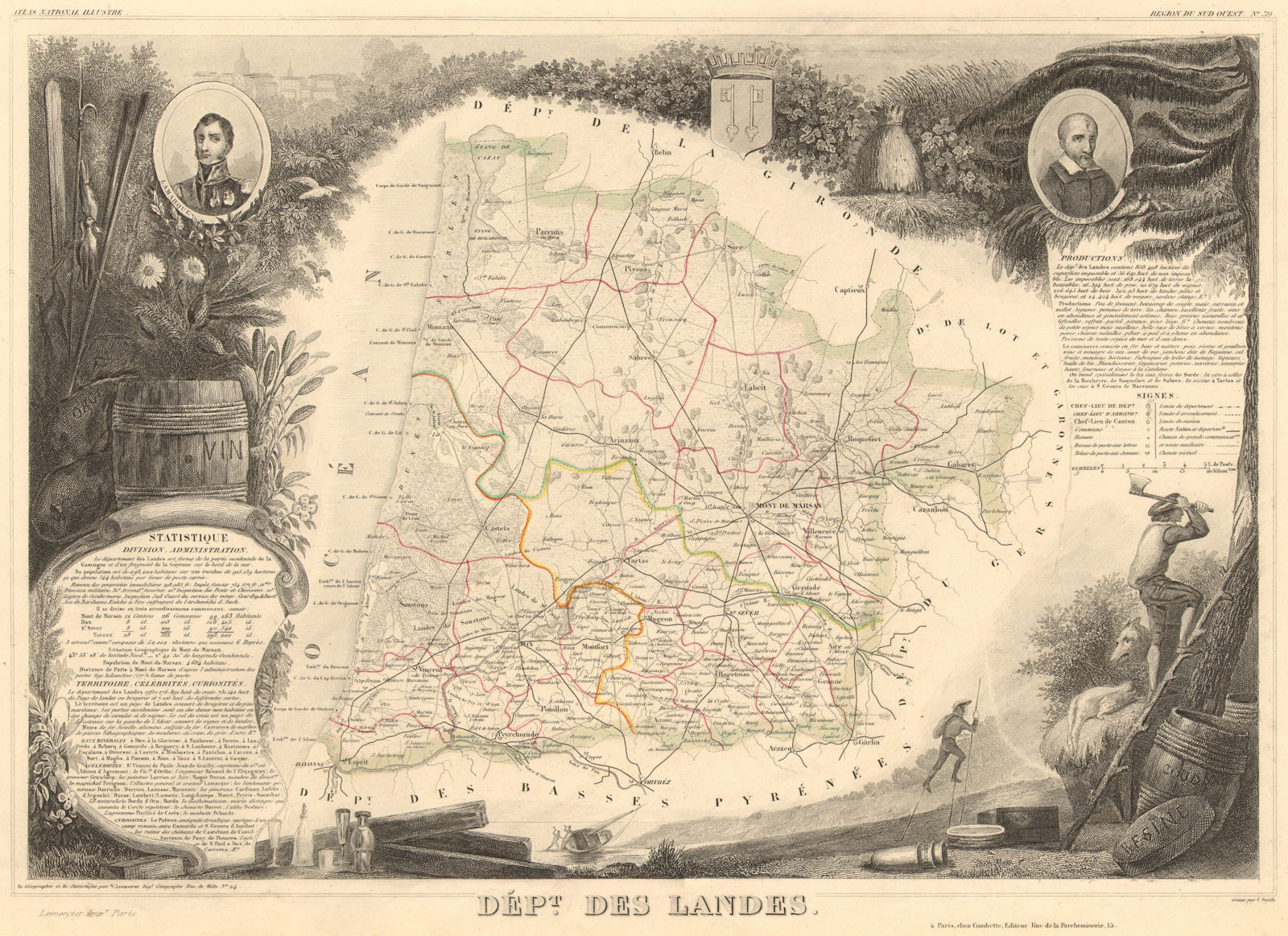 Département des LANDES. Decorative antique map/carte by Victor LEVASSEUR 1852