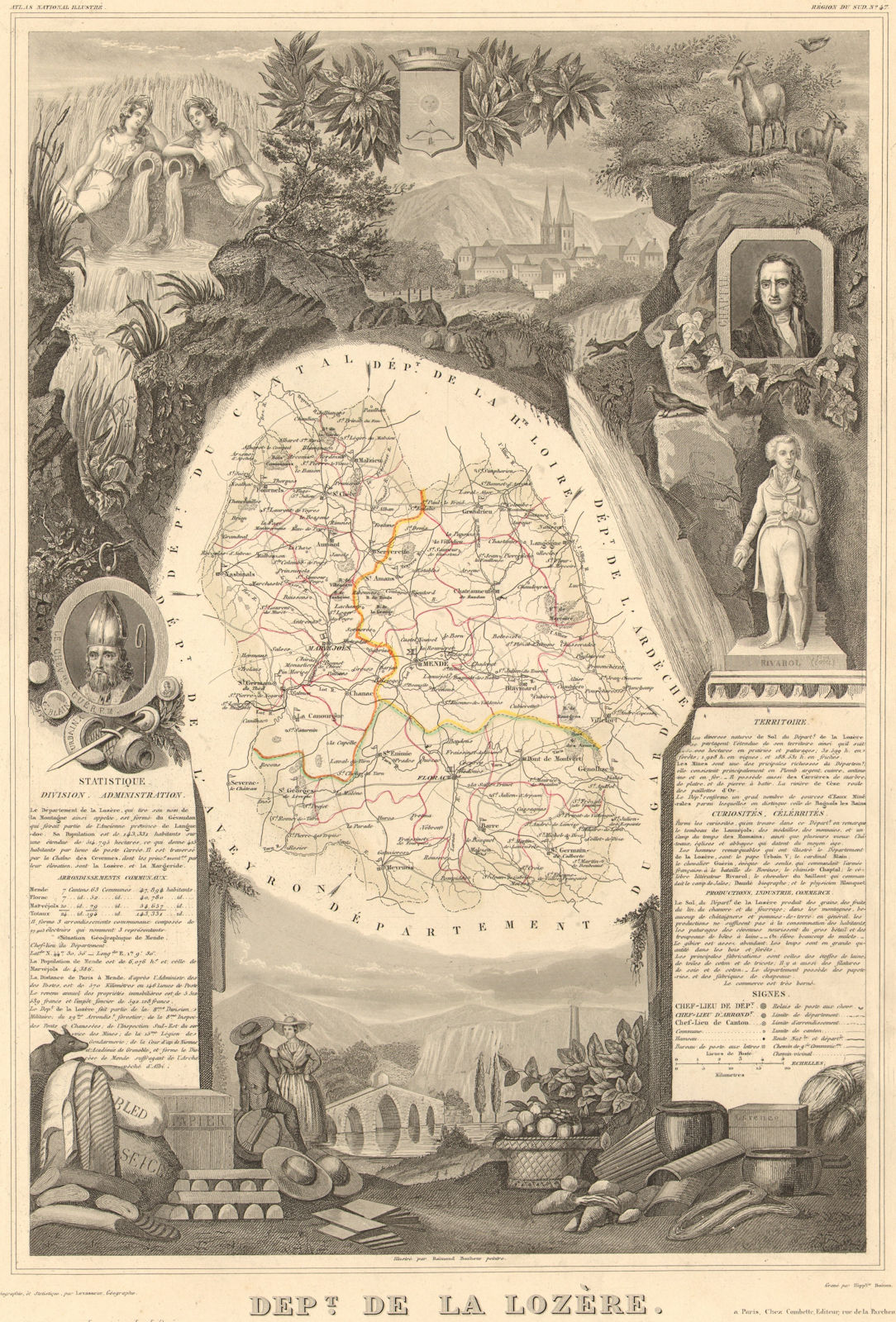 Département de la LOZÈRE. Decorative antique map/carte by Victor LEVASSEUR 1852