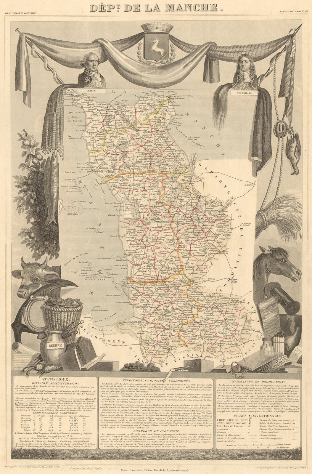 Département de la MANCHE. Decorative antique map/carte by Victor LEVASSEUR 1852