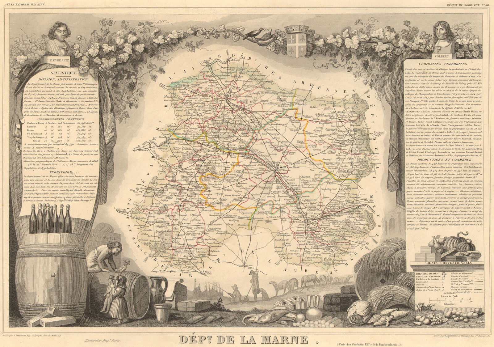 Département de la MARNE. Decorative antique map/carte by Victor LEVASSEUR 1852