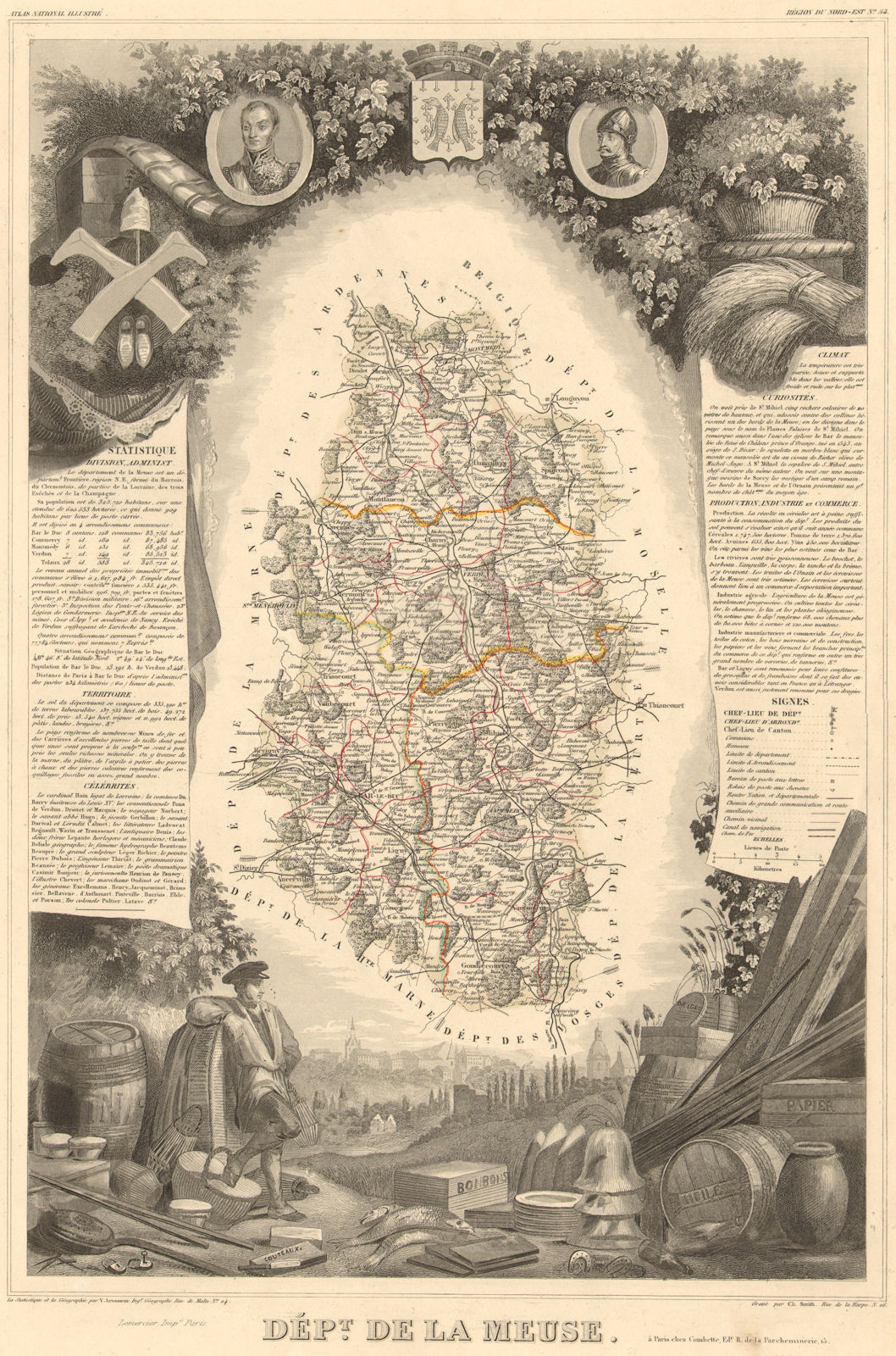 Département de la MEUSE. Decorative antique map/carte by Victor LEVASSEUR 1852