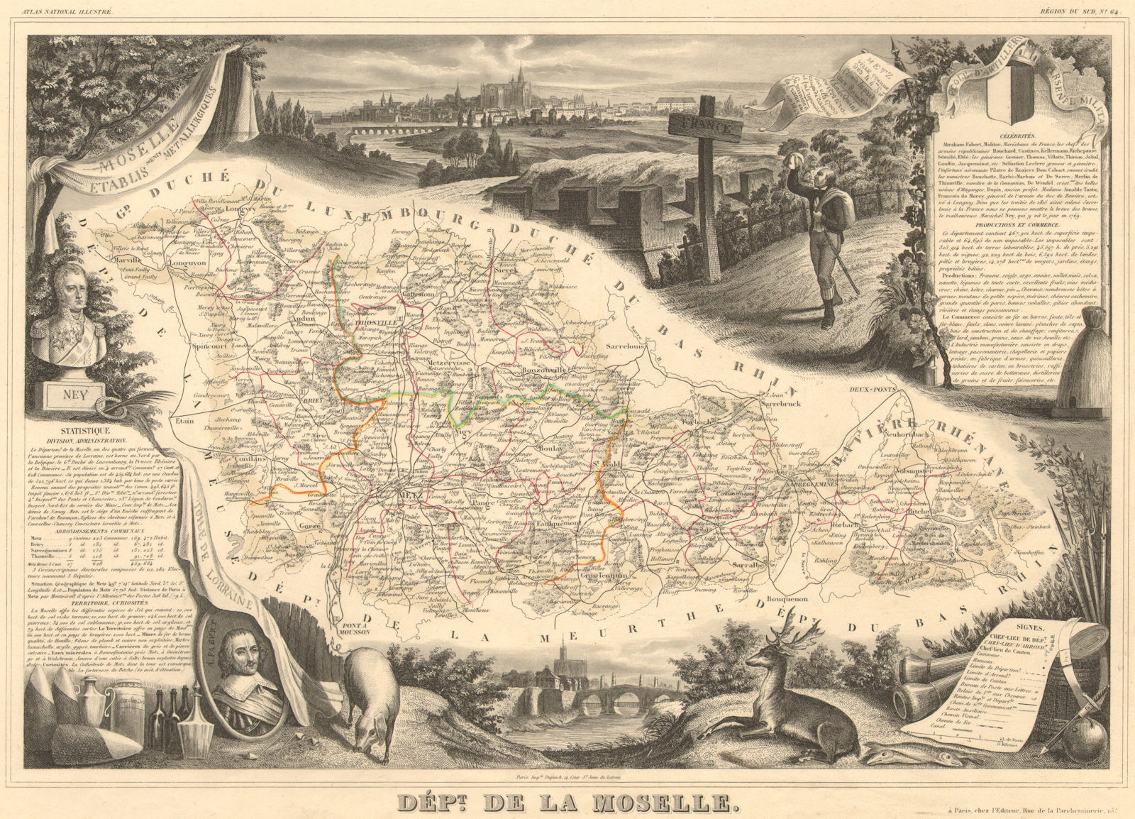 Département de la MOSELLE. Decorative antique map/carte. Victor LEVASSEUR 1852