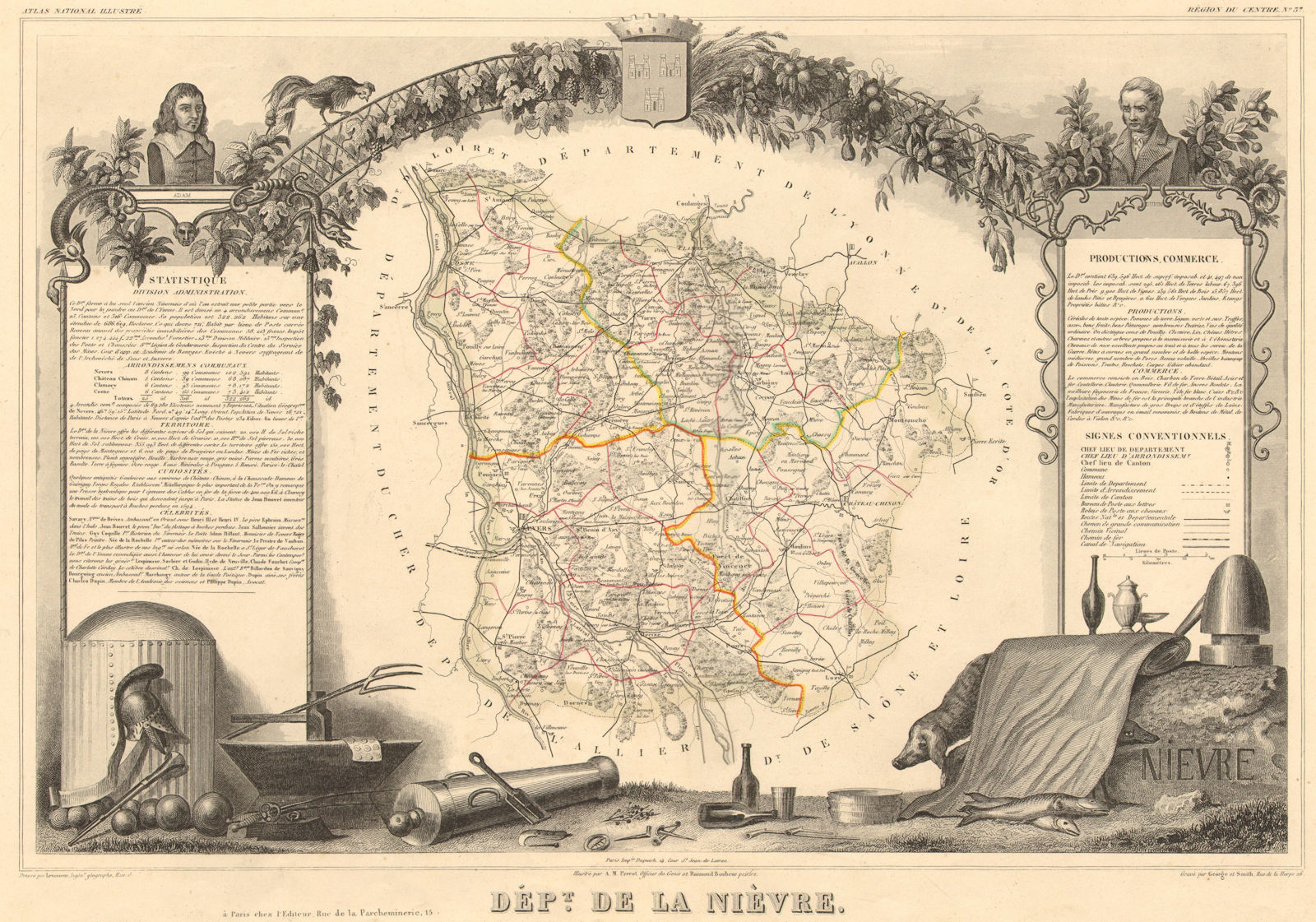 Département de la NIÈVRE. Decorative antique map/carte by Victor LEVASSEUR 1852
