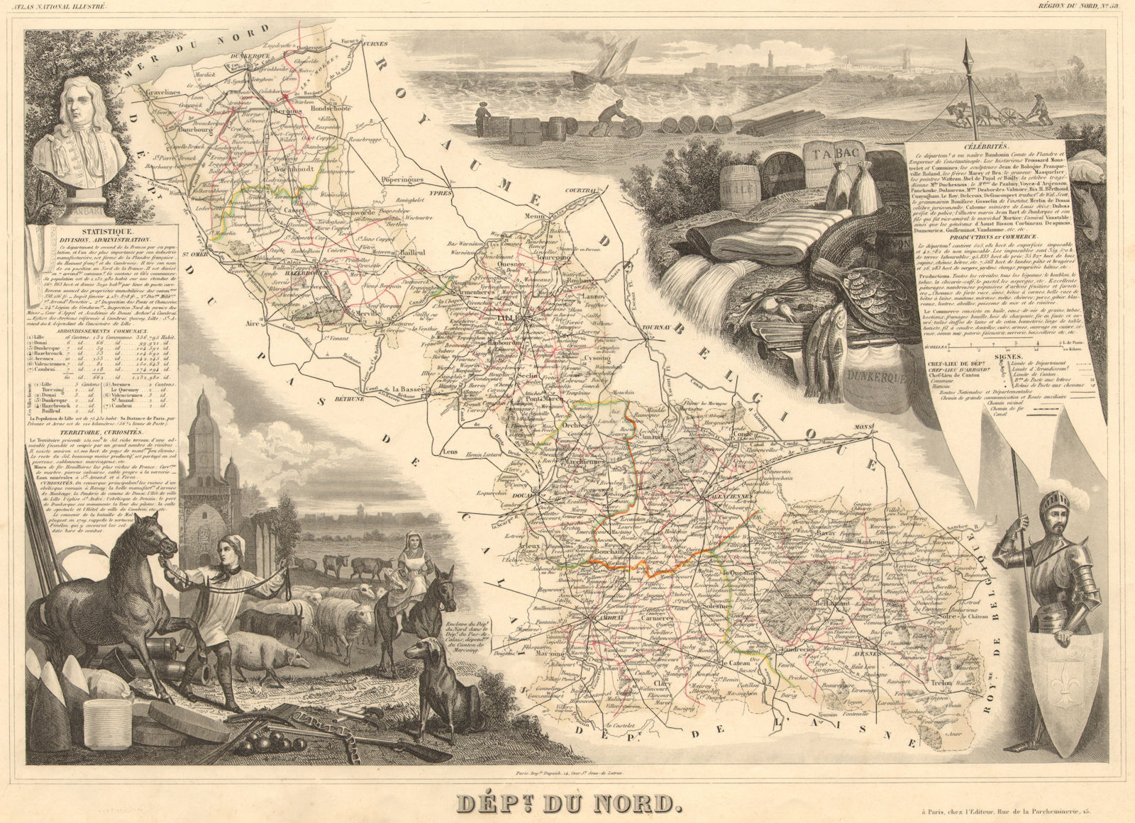 Département du NORD. Decorative antique map/carte by Victor LEVASSEUR 1852