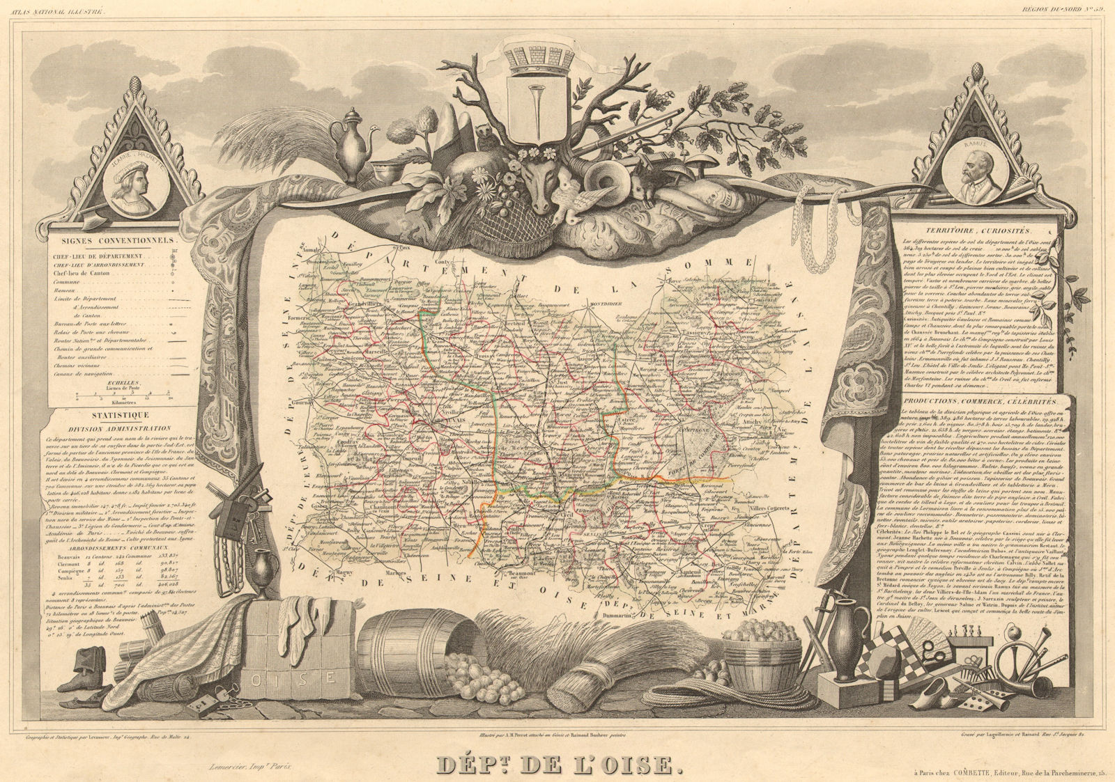 Associate Product Département de l'OISE. Decorative antique map/carte by Victor LEVASSEUR 1852