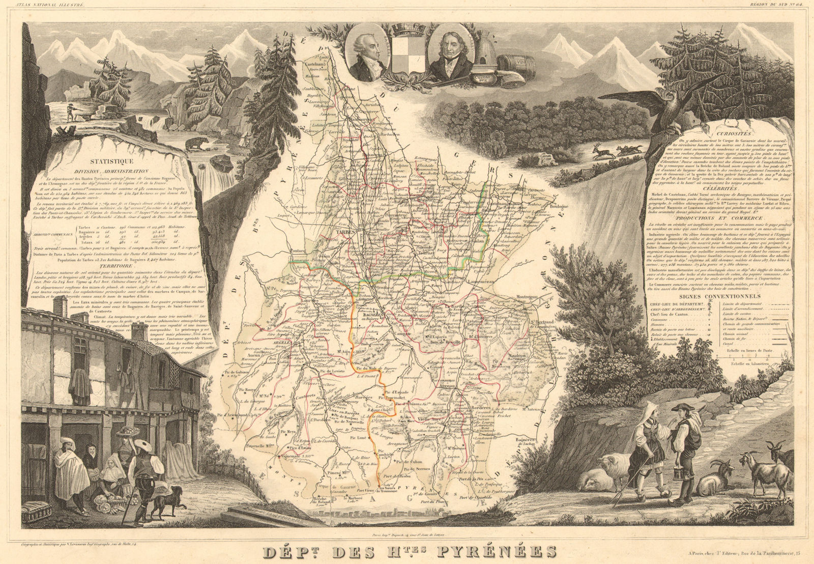 Département des HAUTES-PYRÉNÉES. Decorative antique map/carte. LEVASSEUR 1852