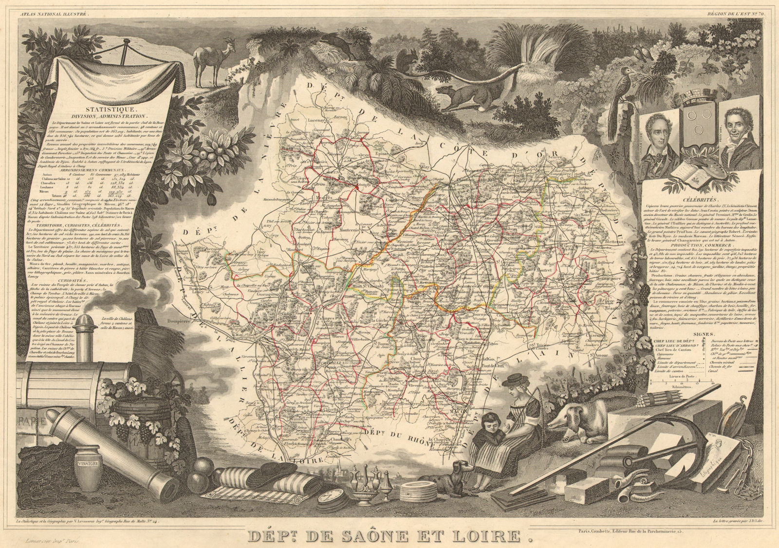 Département de SAÔNE-ET-LOIRE. Decorative antique map/carte. LEVASSEUR 1852