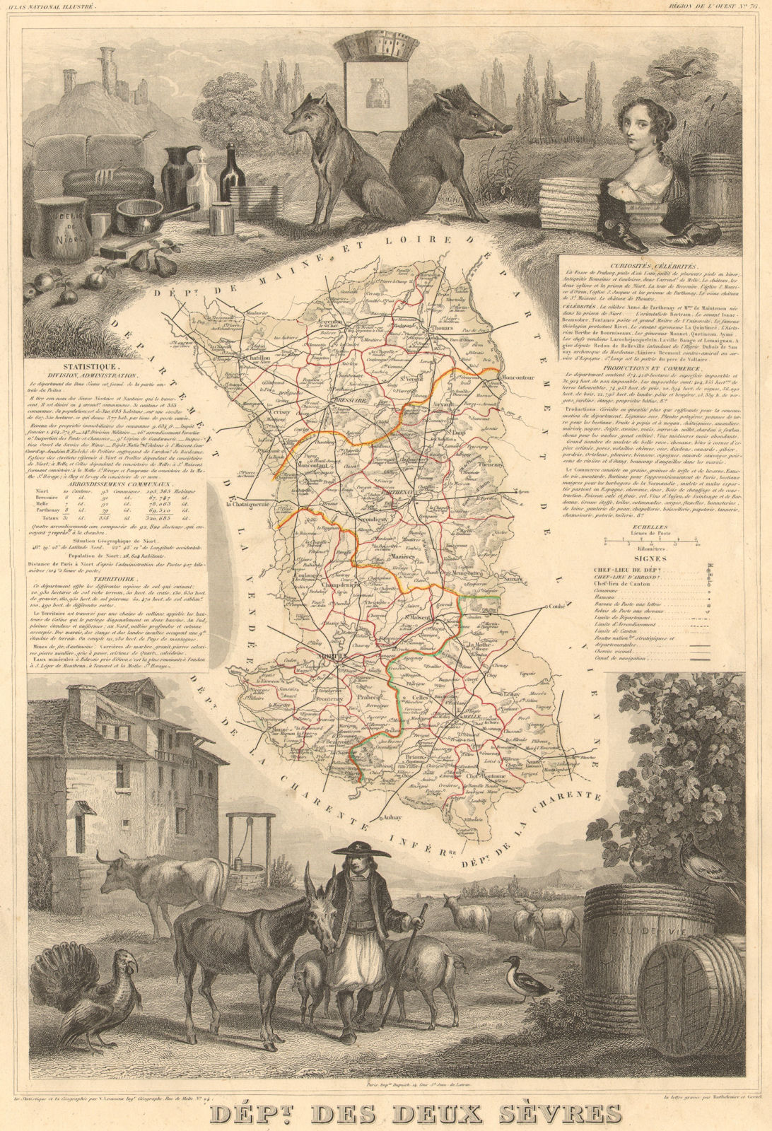 Département des DEUX-SÈVRES. Decorative antique map/carte. LEVASSEUR 1852