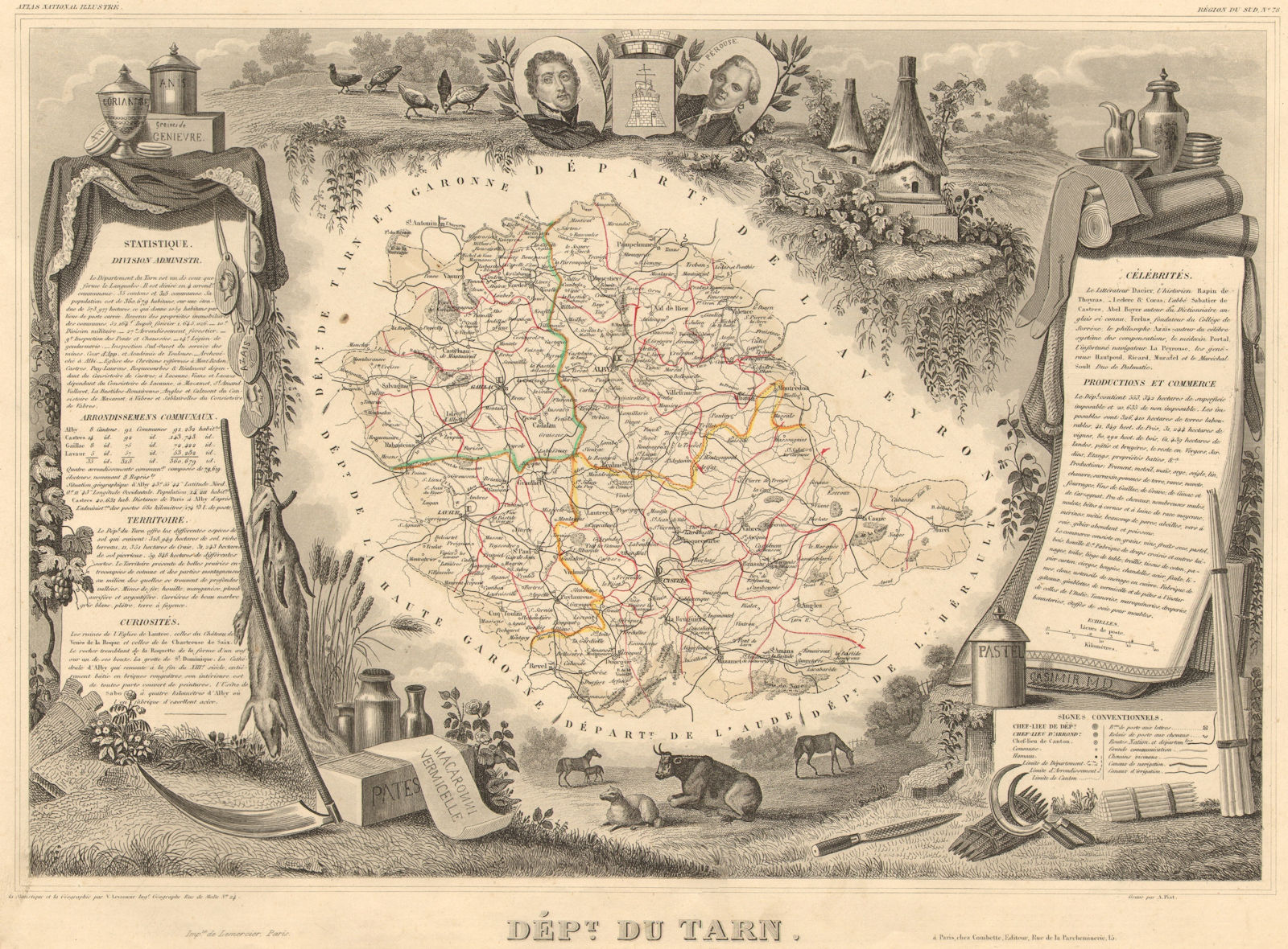 Département du TARN. Decorative antique map/carte by Victor LEVASSEUR 1852
