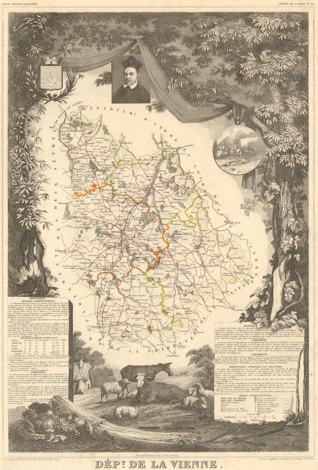 Département de la VIENNE. Decorative antique map/carte by Victor LEVASSEUR 1852