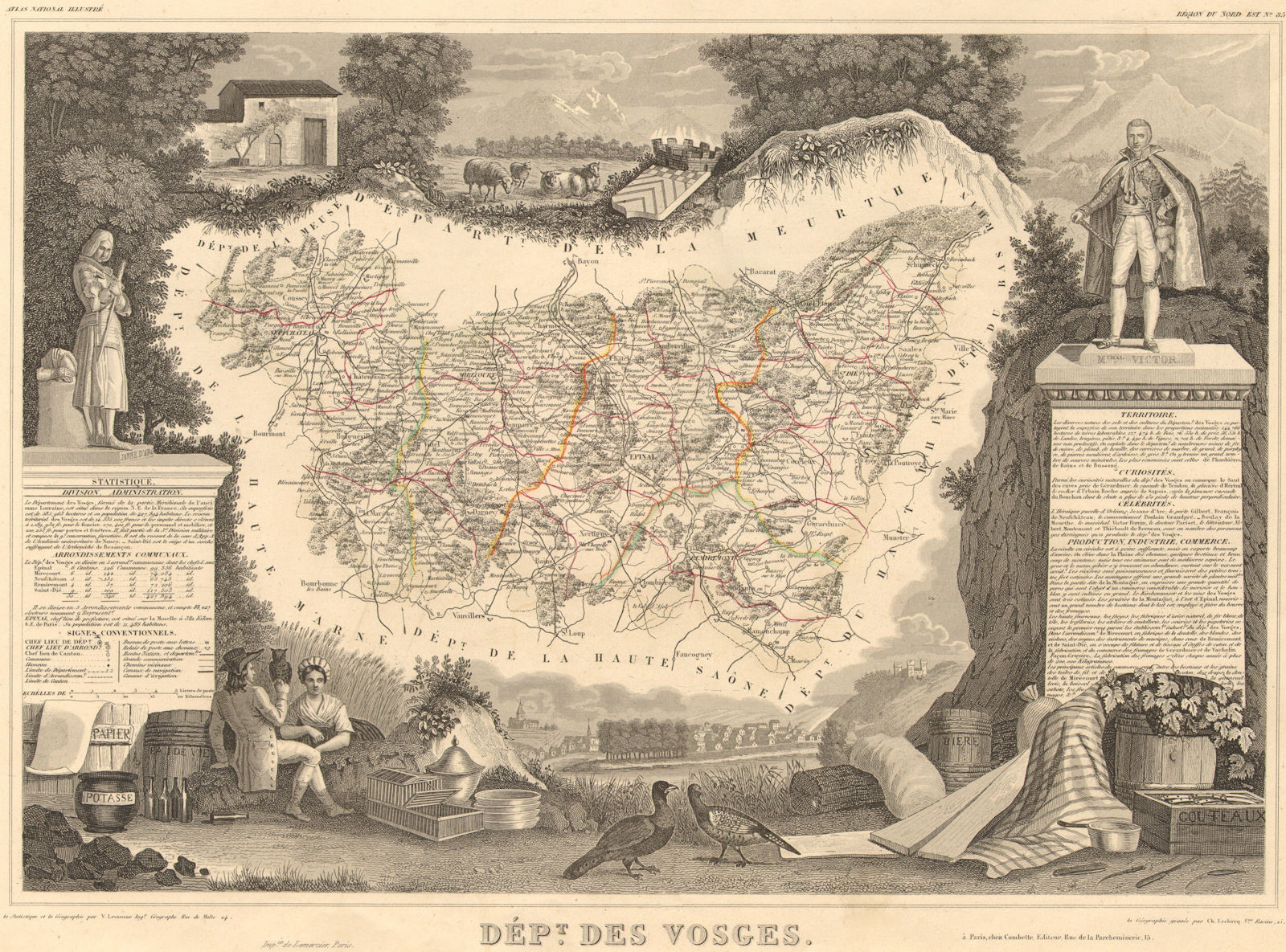 Département des VOSGES. Decorative antique map/carte by Victor LEVASSEUR 1852