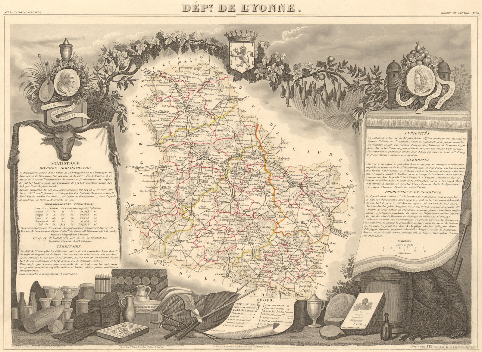 Département de l'YONNE. Decorative antique map/carte by Victor LEVASSEUR 1852