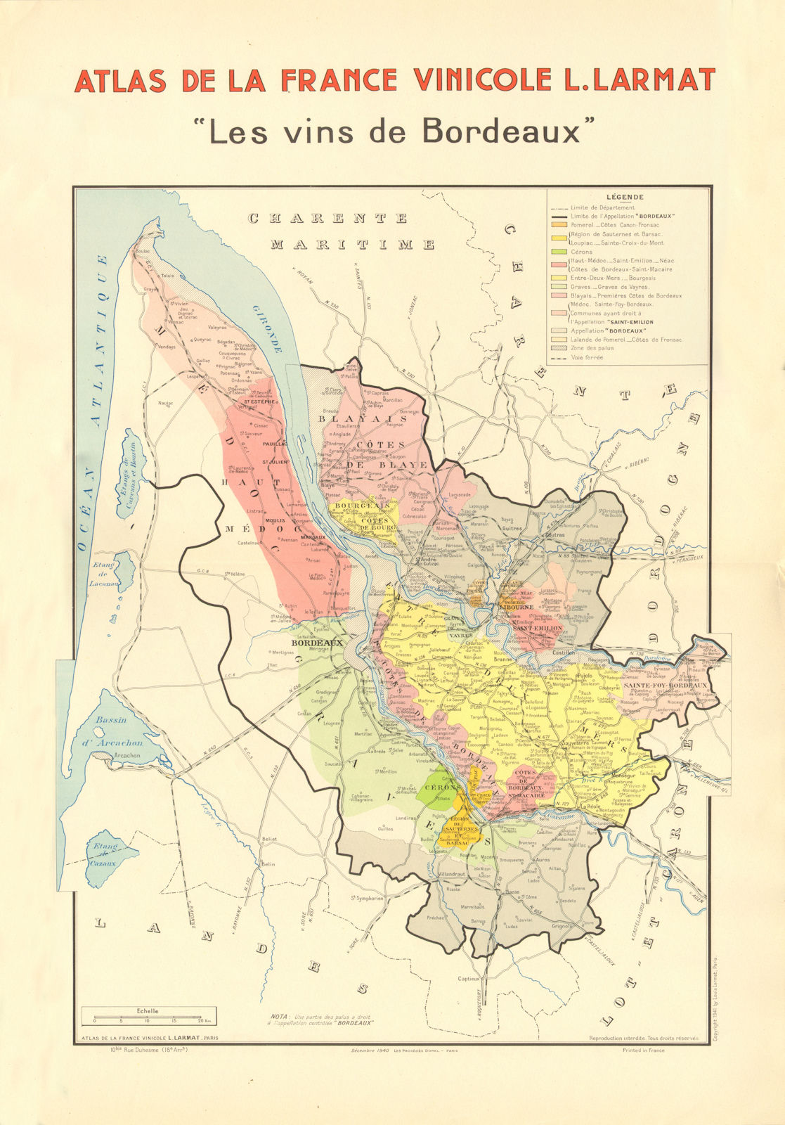 BORDEAUX WINE MAP. Les Vins de Bordeaux. Carte Générale. LARMAT 1944 old