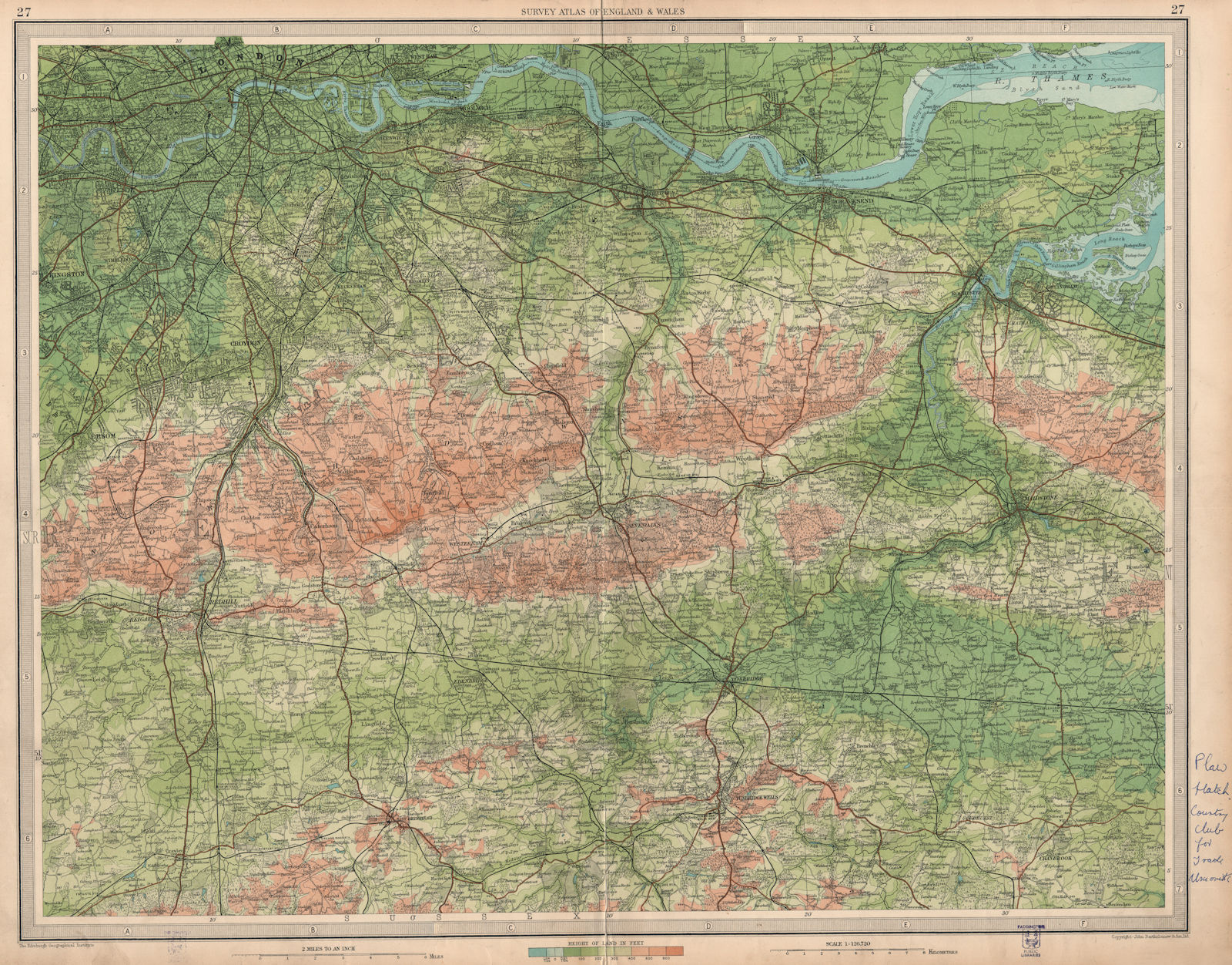 SOUTH LONDON & NORTH DOWNS. Chatham Tonbridge Maidstone. Kent Surrey 1939 map