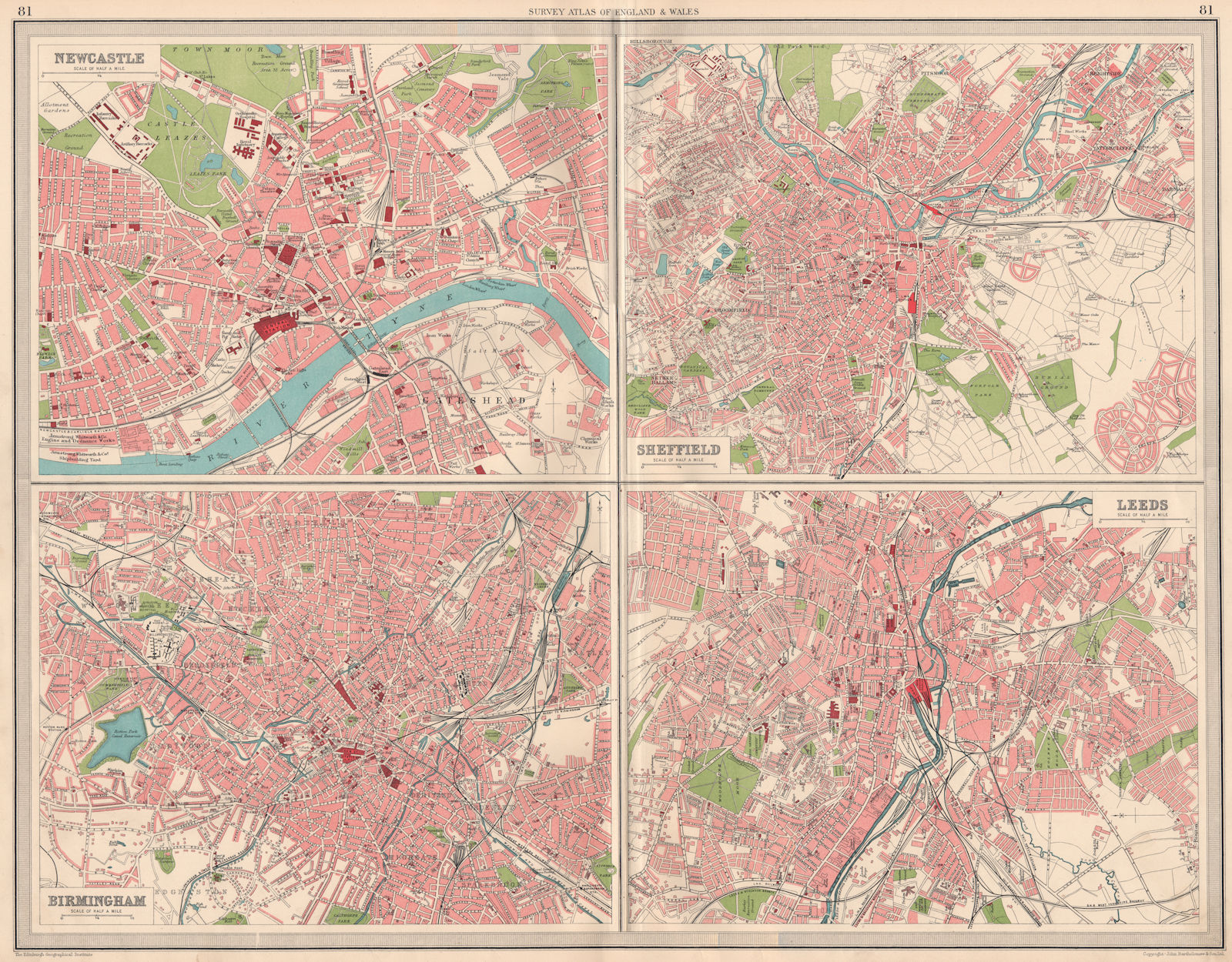 ENGLISH CITIES. Plans of Newcastle Sheffield Birmingham & Leeds. LARGE 1939 map
