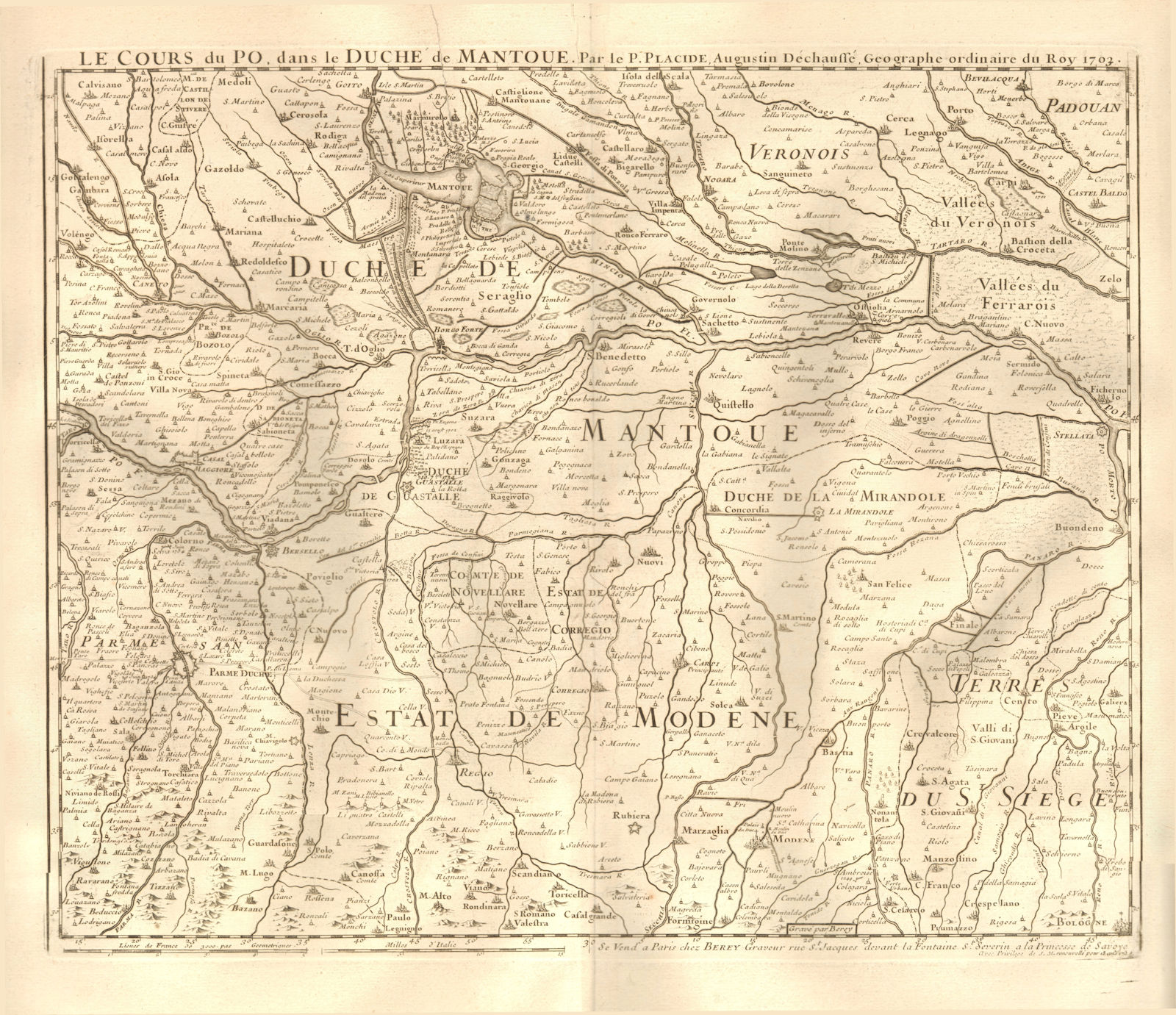 'Le cours du Po dans le Duche de Mantoue'. Mantua Parma Modena. PLACIDE 1734 map