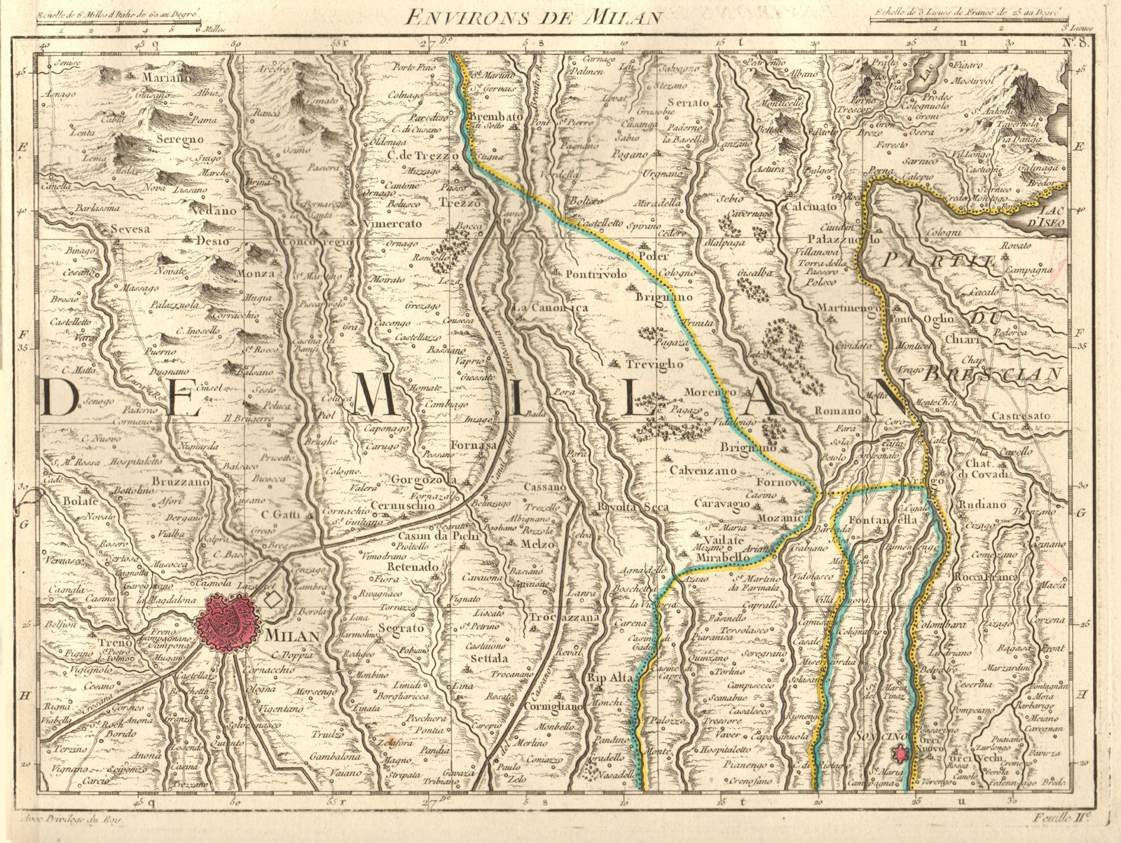 'Environs de Milan'. Milano Soncino Trezzo Treviglio Monza. D'ANVILLE 1754 map