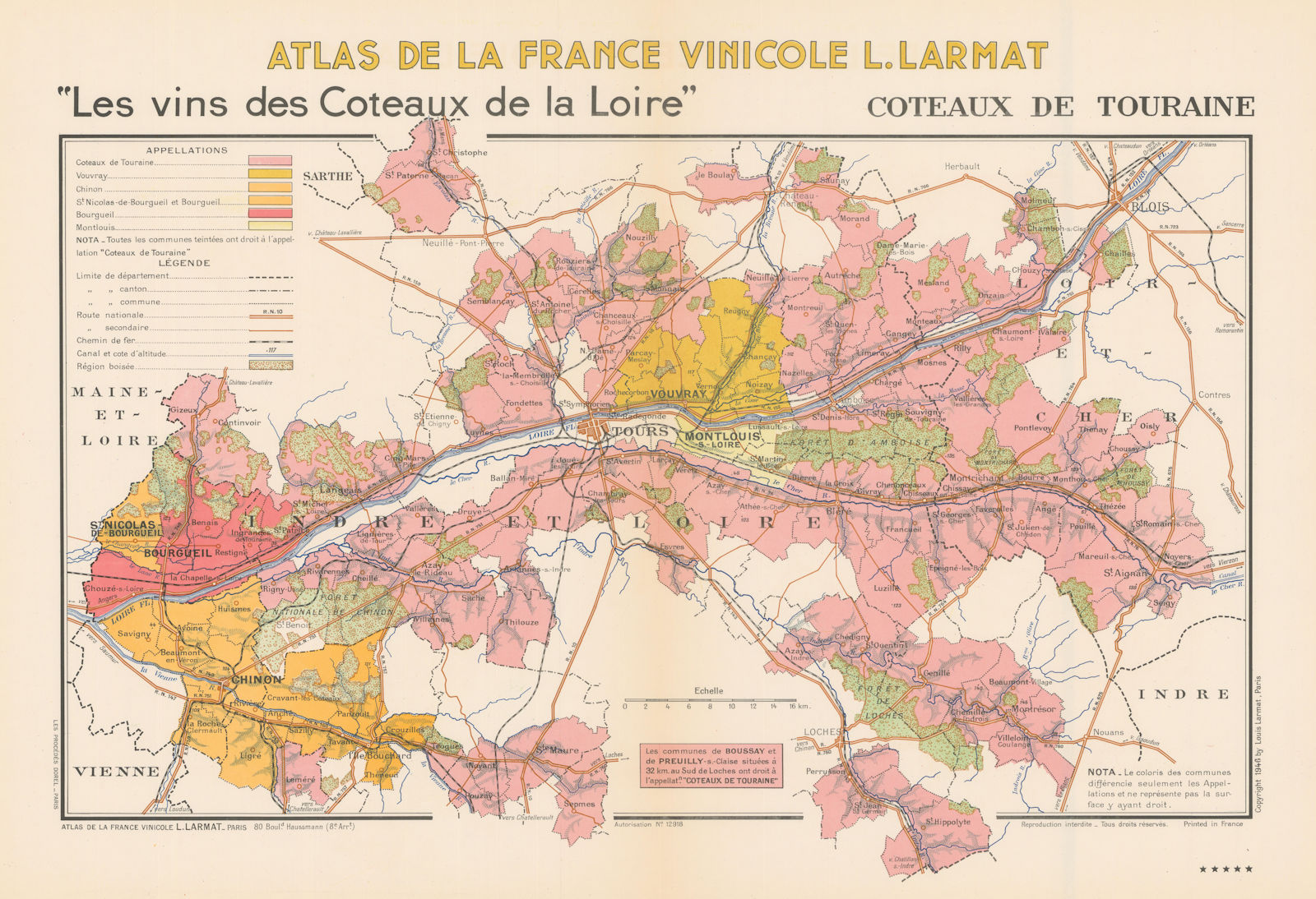 Associate Product LOIRE WINE MAP Coteaux de Touraine Vouvray Chinon Montlouis AOC. LARMAT 1946