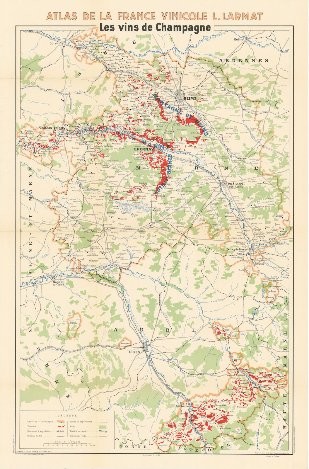 CHAMPAGNE WINE/VINS MAP Carte Générale showing vignobles vineyards. LARMAT 1944